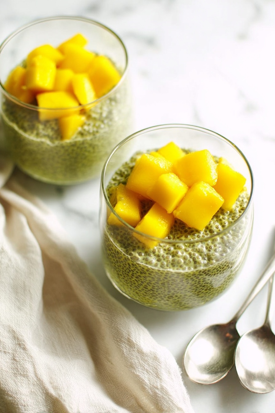 Two clear glass cups are filled with two layers: the bottom is a green chia pudding with visible seeds that look soft and slightly bumpy, topped with bright yellow cubes of fresh mango layered thickly on top. The cups are placed on a white marbled surface with a soft folded light cream cloth nearby. Two silver spoons rest beside the cups. The lighting is bright and natural, emphasizing the fresh colors and textures of the food. photo taken with an iphone --ar 2:3 --v 7