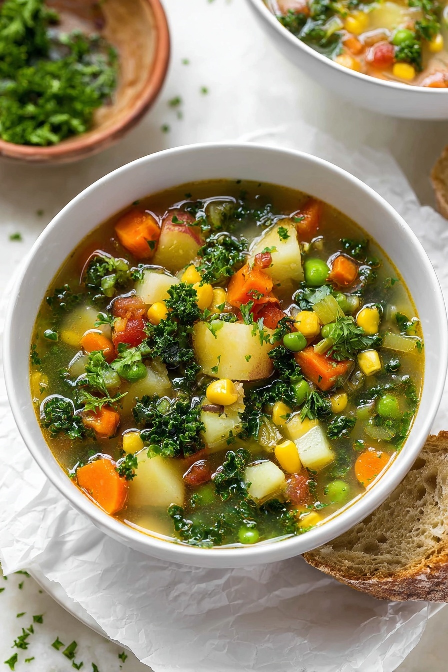 A white bowl filled with colorful vegetable soup sits on a white marbled table. The soup has many layers of vegetables including green kale leaves, bright orange carrot cubes, yellow corn, green peas, white potato pieces, and small bits of celery, all floating in a clear broth. There is a soft texture to the kale and a tender look to the diced vegetables. A piece of whole grain bread rests on the white plate under the bowl, and part of another bowl is visible in the background. The overall scene is bright and fresh with a cozy feel. Photo taken with an iphone --ar 2:3 --v 7