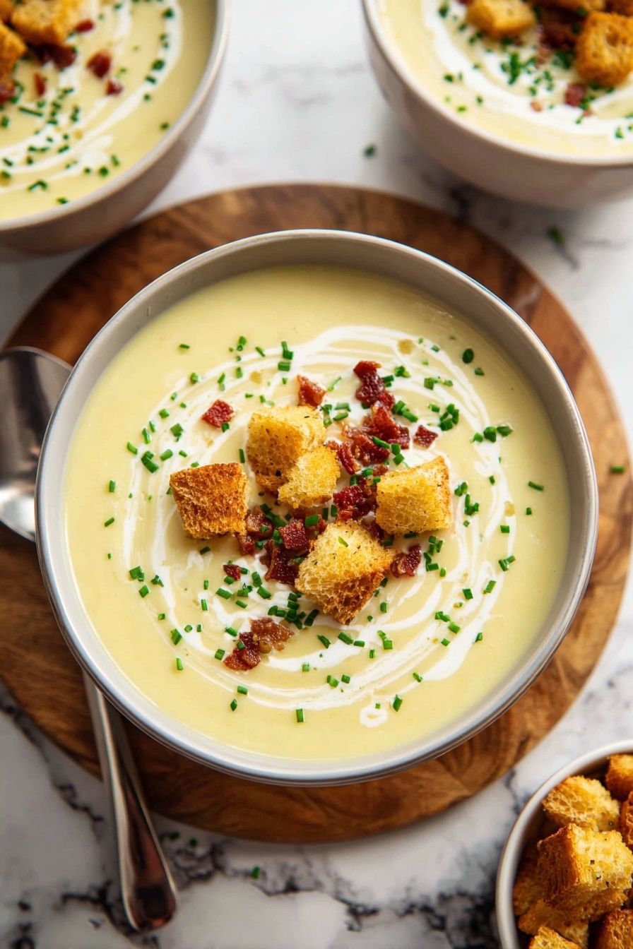 A white bowl sits on a wooden board over a white marbled surface, filled with creamy light yellow soup. The soup is topped with a swirl of white cream, small crisp golden-brown croutons scattered in the center, tiny green chive pieces sprinkled all over, and small bits of dark reddish-brown bacon. The smooth texture of the soup contrasts with the crunchy croutons and bacon bits, creating a visually inviting mix of creaminess and texture. The background shows a second similar bowl slightly out of focus and a smaller bowl of croutons at the bottom right corner. photo taken with an iphone --ar 2:3 --v 7