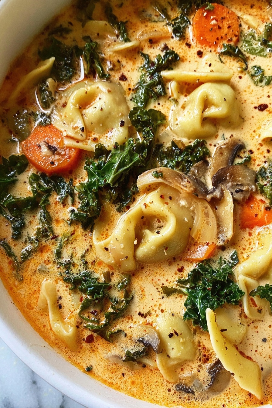 A close-up of a creamy orange soup filled with three visible layers: large pieces of kale in dark green with ruffled texture scattered on top, soft cooked carrots in small thick orange slices, and pale yellow pasta with a smooth curved shape. Small bits of mushrooms and onions float gently around. The soup surface looks slightly frothy and speckled with tiny black pepper flakes. The dish is in a white bowl set on a white marbled surface. Photo taken with an iphone --ar 2:3 --v 7