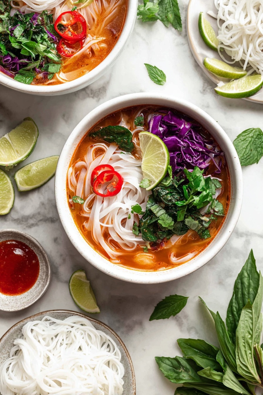 A white bowl filled with orange-red broth as the base layer, with thin white rice noodles partly submerged and tangled on one side. On top of one section, there are layers of fresh dark green spinach leaves, finely chopped bright purple cabbage, and fresh green basil leaves. A light green lime wedge rests on the edge of the bowl beside the greens. A white ceramic spoon lies in the broth among the noodles, and a single slice of red chili pepper floats near the spoon. The bowl sits on a white plate with speckled design, all placed on a white marbled surface with slices of lime nearby. photo taken with an iphone --ar 2:3 --v 7