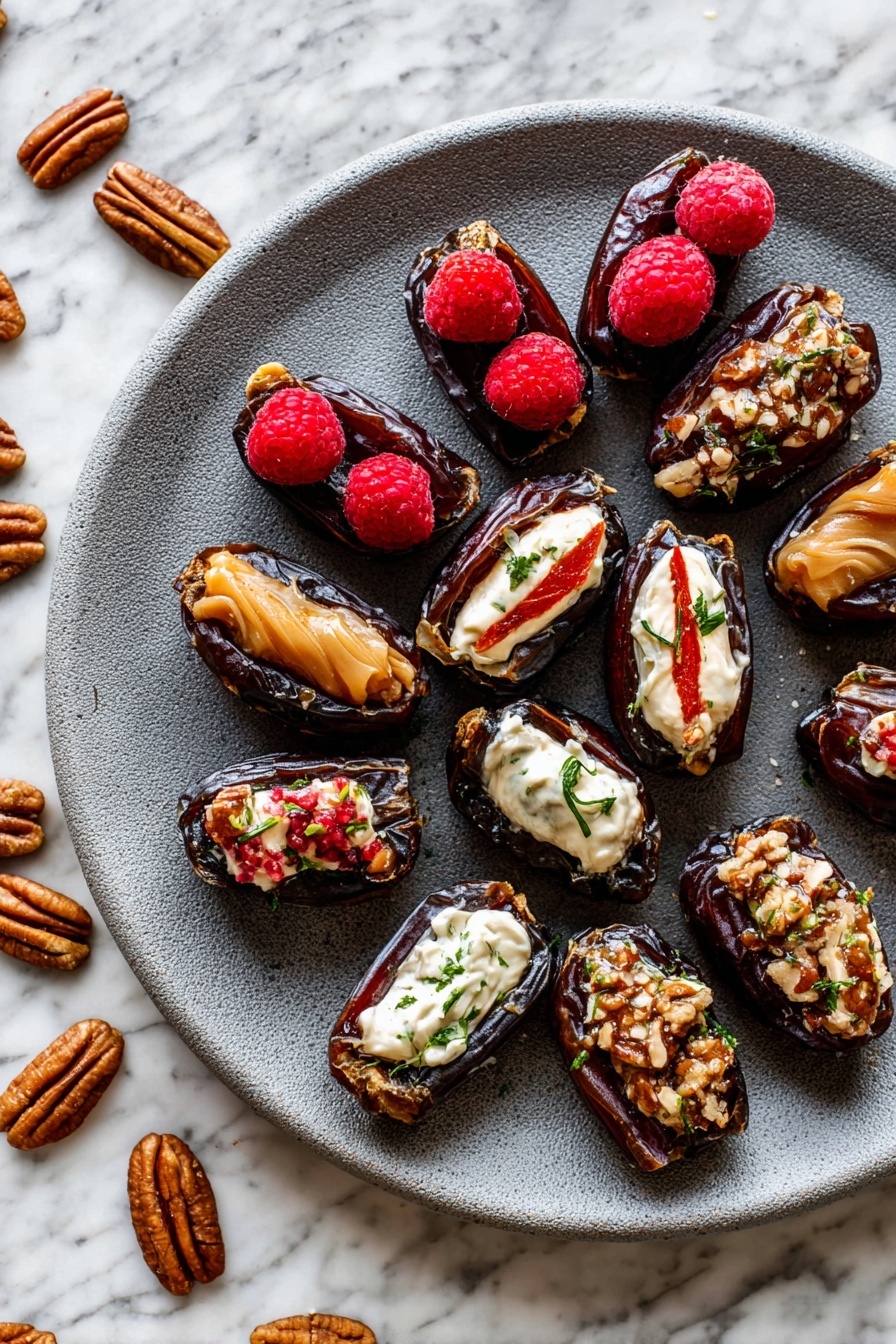 The image shows a white round plate filled with several stuffed dates. Each date is sliced in half and filled with different toppings: some have a smooth light brown filling topped with bright red raspberries, others have creamy white filling with a pecan and small green herb leaves on top, and some are filled with a crunchy nut mixture. The dates have a shiny dark brown skin and are arranged closely on the plate, which sits on a white marbled surface. In the background, a white bowl filled with peanuts is partially visible. photo taken with an iphone --ar 2:3 --v 7