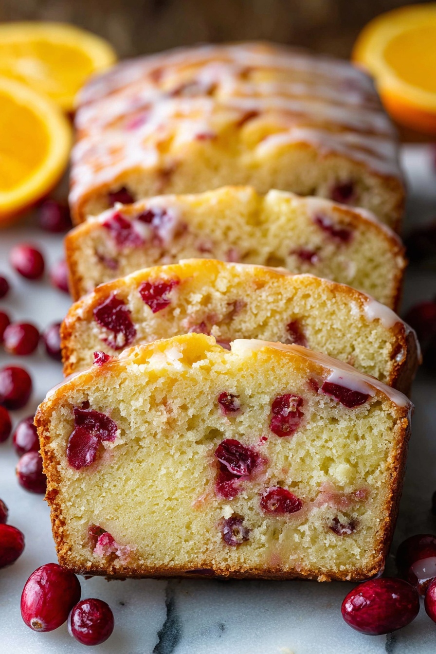 A sliced loaf cake is shown with five visible slices stacked in a row, the front slice in clear focus. The cake has a light yellow, moist texture with visible bright red cranberries scattered inside each slice. There is a thin glaze coating the top of each slice, giving a glossy, slightly shiny look. Around the cake on a white marbled surface are whole cranberries and some orange slices on the side, adding color contrast. The background is softly blurred, emphasizing the cake's vivid details and colours. Photo taken with an iphone --ar 2:3 --v 7