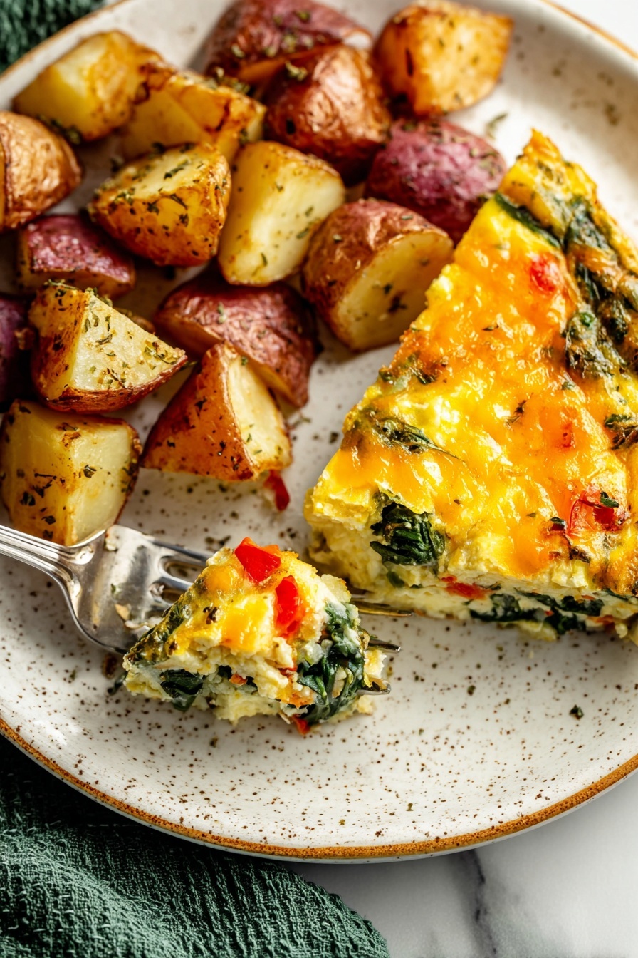 A clear glass baking dish filled with a cooked egg casserole cut into square pieces is shown on a white marbled surface. The top layer of the casserole is golden brown with melted cheese and visible wilted dark green spinach leaves and small red pepper pieces. Below the top layer, a creamy yellow egg mixture supports a textured base with bits of light-colored mushrooms and more vegetables. A silver spatula lifts one square piece from the dish, showing the layered interior of the casserole. The overall look is warm and fresh. photo taken with an iphone --ar 2:3 --v 7