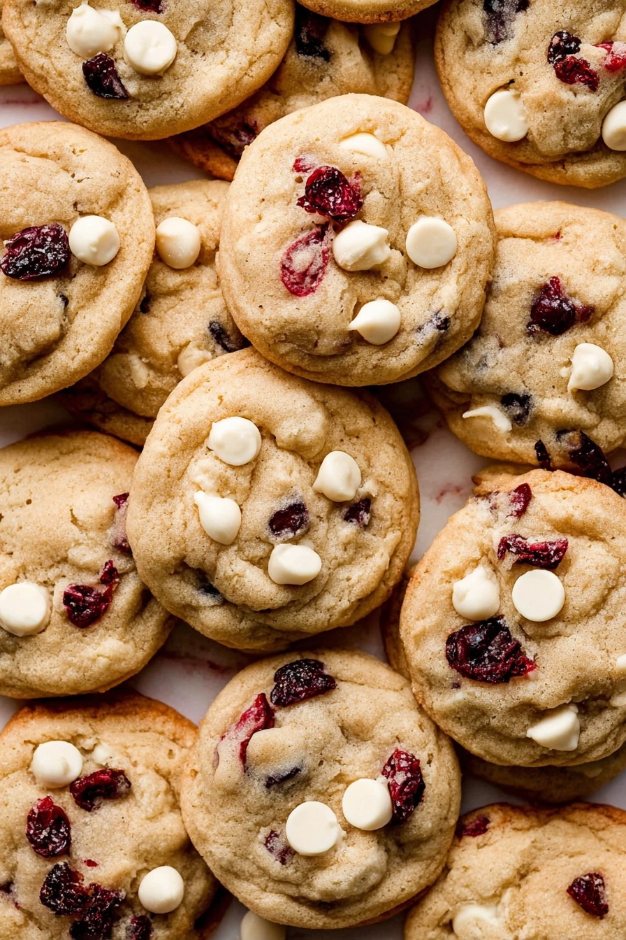 A close-up view of many soft, round cookies arranged closely together on a white marbled surface. Each cookie is light golden brown with uneven edges, containing dark red dried cranberry pieces and small, round creamy white chocolate drops scattered throughout. The cookies have a slightly bumpy texture with the mix-ins visibly embedded in the soft dough. The warm tones of the cookies contrast with the white chocolate and the deep red cranberries, creating a visually inviting and textured appearance. photo taken with an iphone --ar 2:3 --v 7