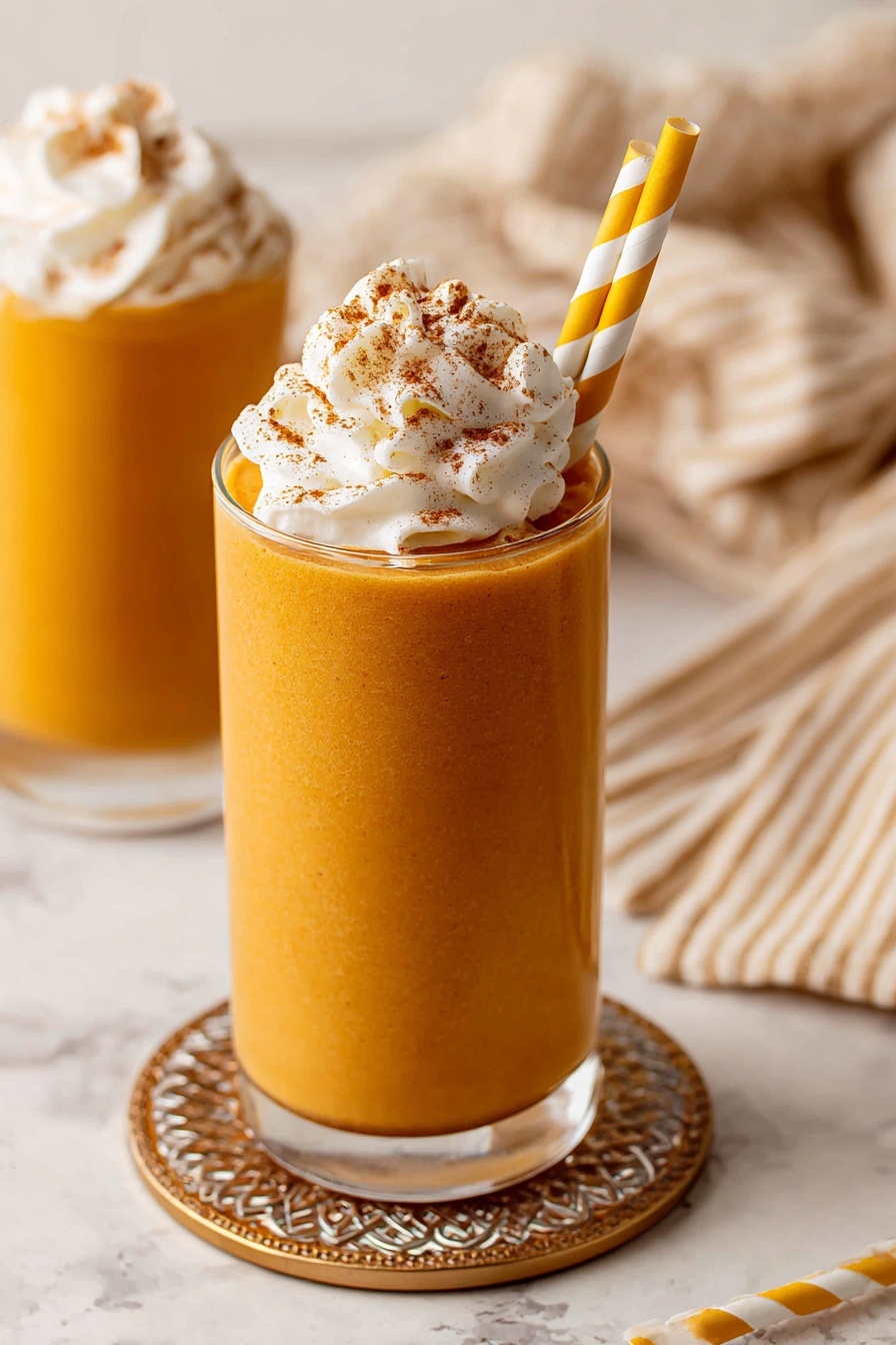 The image shows a tall clear glass filled with a smooth, thick orange beverage. On top of the drink is a generous swirl of white whipped cream sprinkled with light brown spice. A striped yellow and white paper straw is placed in the glass on the right side. The glass sits on a round coaster with a decorative edge, all on a white marbled surface. In the background, there is another glass filled with the same drink and whipped cream, slightly blurred, and a striped beige cloth folded nearby. Photo taken with an iphone --ar 2:3 --v 7