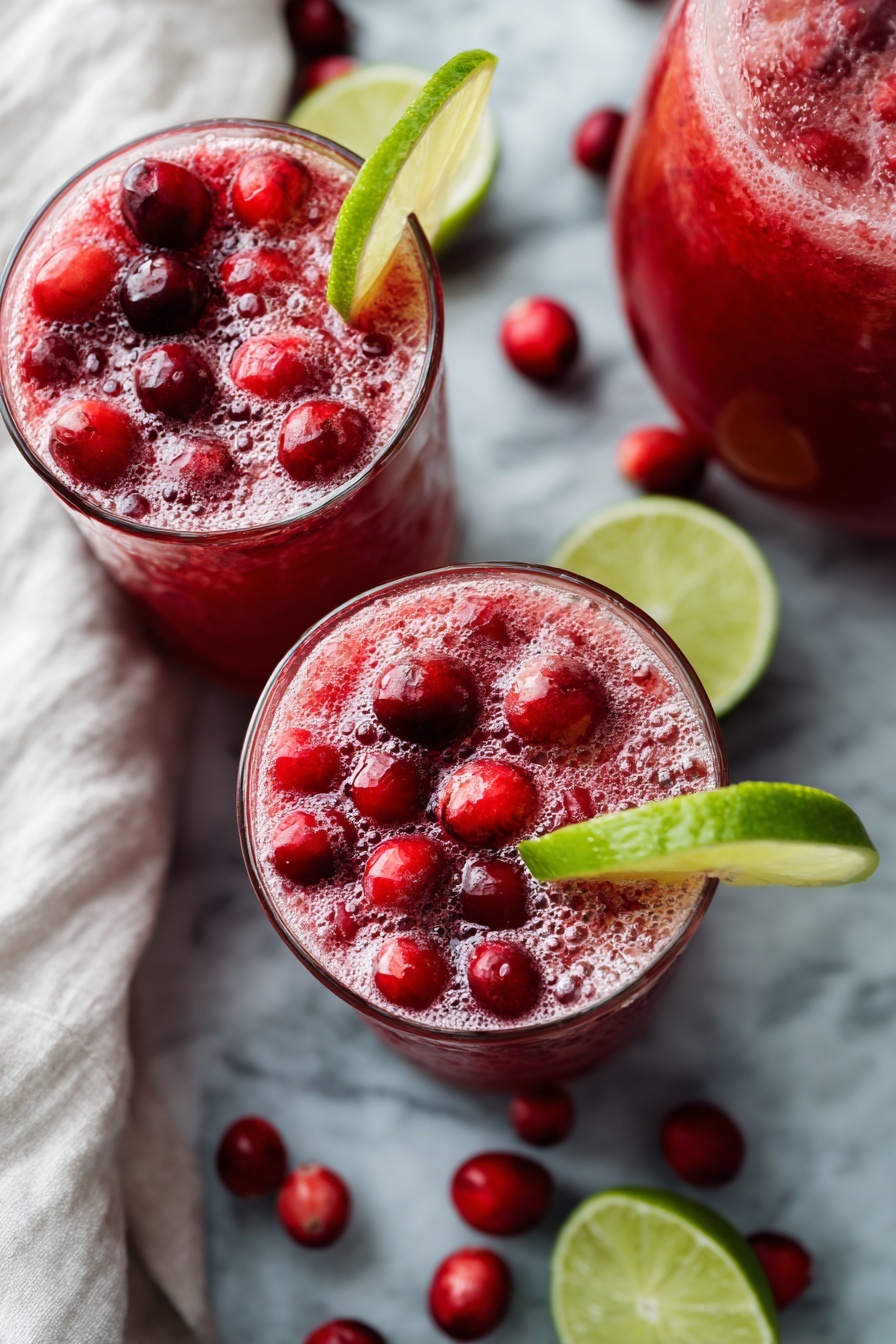 Two clear glasses filled with a frothy red drink with many small round red berries floating on top. Each glass is decorated with a bright green lime wedge placed on the rim. A large glass pitcher filled with the same red drink is partially visible in the top right corner. Several loose red berries are scattered on the light blue surface around the glasses. A white cloth with a soft texture is placed on the left side. The overall setting is on a white marbled surface. photo taken with an iphone --ar 2:3 --v 7