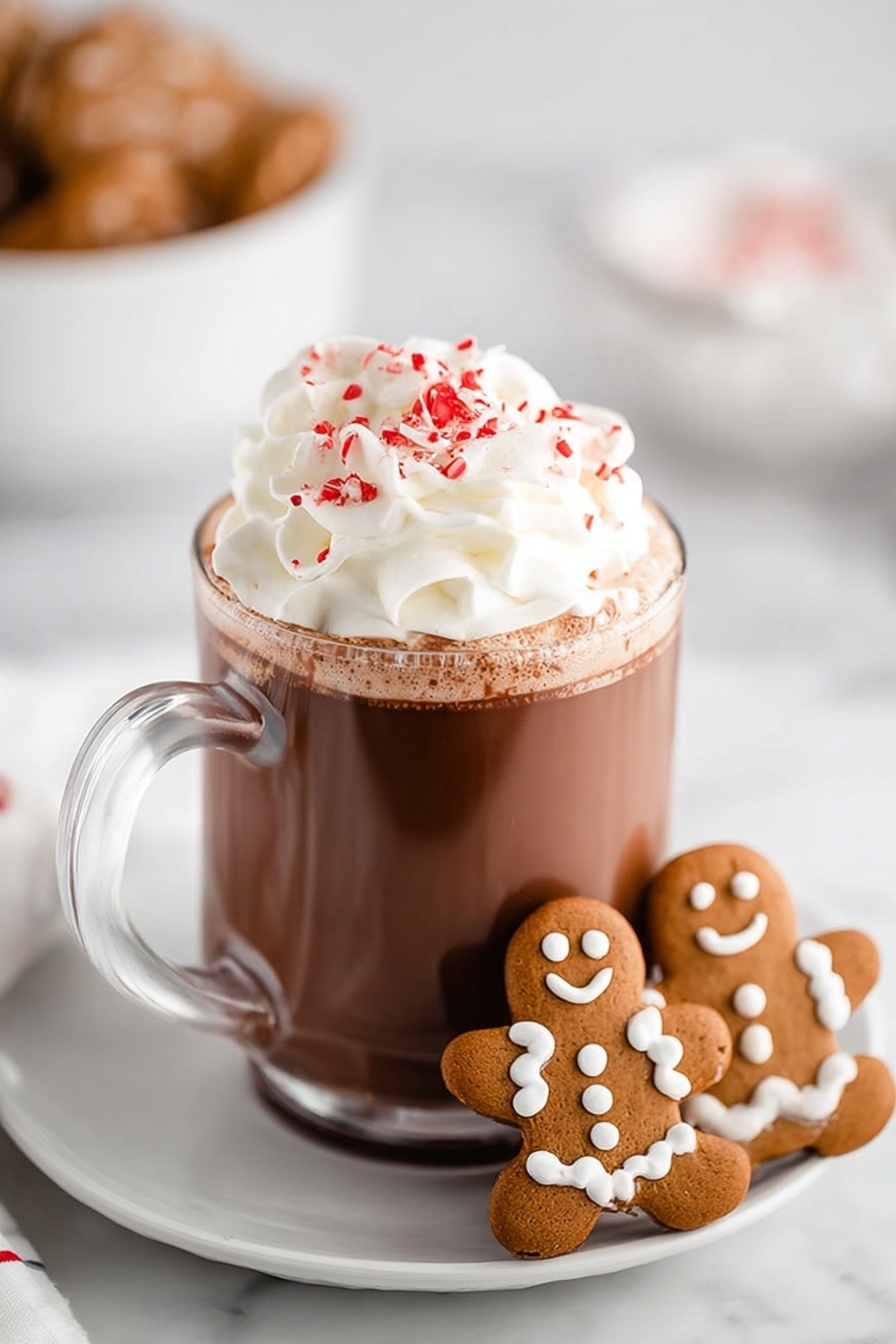 A clear glass mug filled with rich brown hot chocolate topped with a thick swirl of white whipped cream sprinkled with small red candy pieces. The mug is placed on a white plate holding two gingerbread cookies decorated with white icing faces and buttons. The scene is set on a white marbled surface with a blurred white bowl of more gingerbread cookies in the background, creating a cozy and festive feel. Photo taken with an iphone --ar 2:3 --v 7