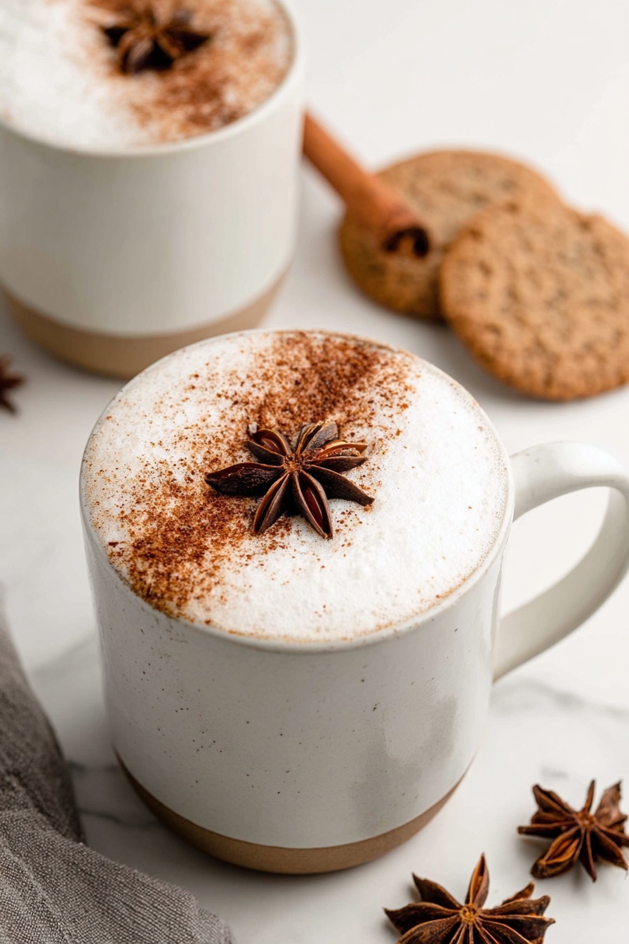 A white mug filled with a frothy white top layer of foam, dusted on one side with brown cinnamon powder creating a clear diagonal line, and topped in the center with a brown star anise. The mug is placed on a white marbled surface, surrounded by light brown textured cookies, a folded gray cloth with another star anise on it, and part of a cinnamon stick. Another similar mug with the same drink is blurred in the background. Photo taken with an iphone --ar 2:3 --v 7