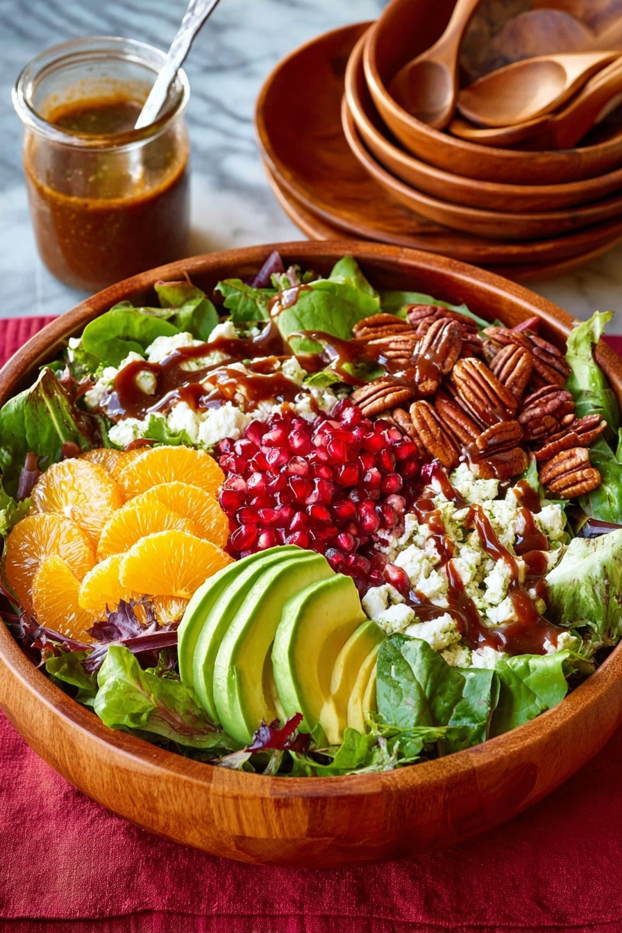 A large white bowl filled with a colorful salad arranged in separate layers: bright green leafy greens form the base, topped with juicy translucent orange citrus slices on the left, a cluster of crumbled white cheese drizzled with brown dressing next to it, avocado slices fanned out in the center with a shiny brown dressing drizzle, a pile of deep red pomegranate seeds below the avocado, and a heap of dark roasted pecans on the right side. In the background, there are stacked wooden bowls with spoons inside and a small jar filled with brown dressing sitting on a white marbled surface photo taken with an iphone --ar 2:3 --v 7