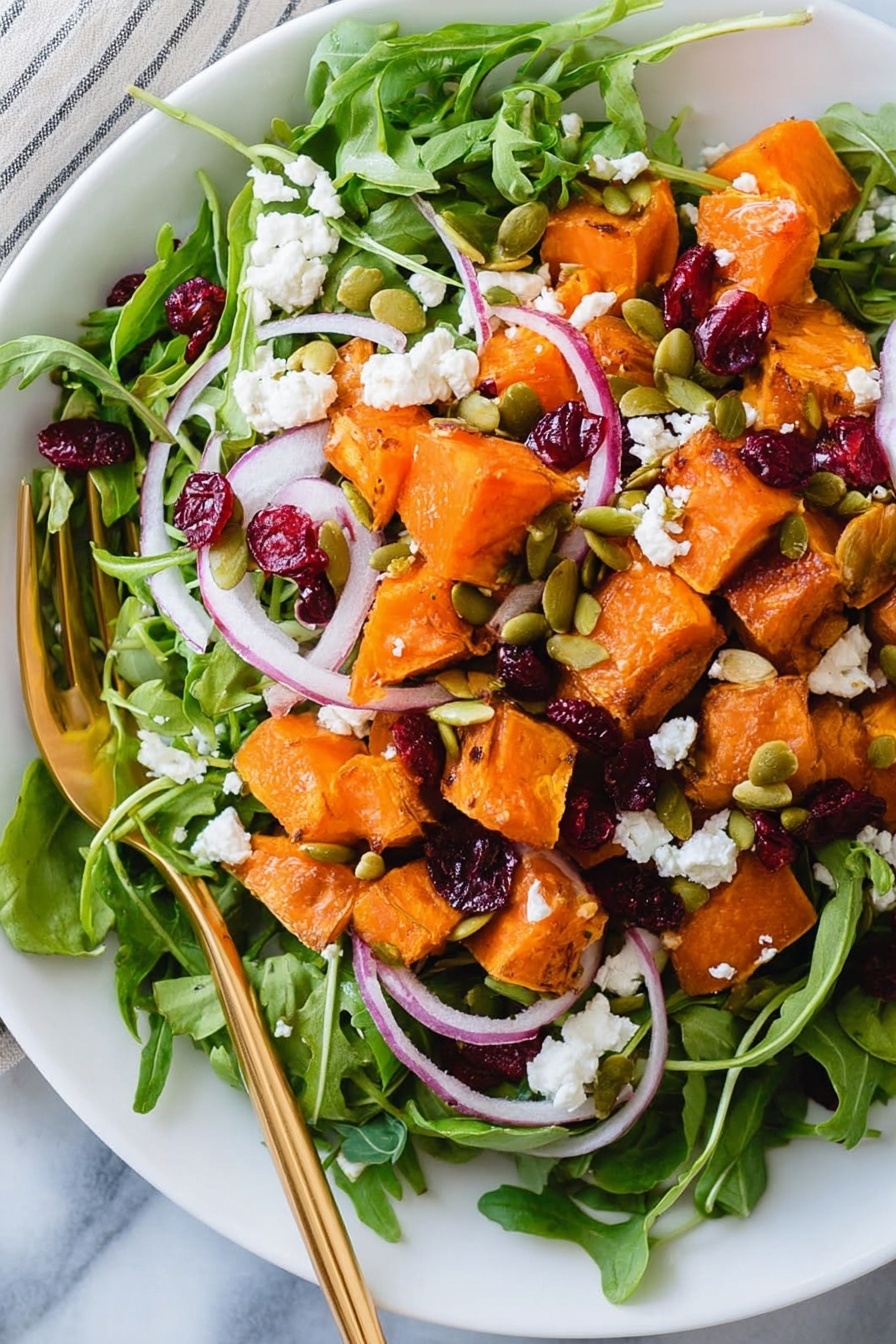The image shows a white bowl filled with a colorful salad placed on a white marbled surface. The salad has three main layers: large orange sweet potato cubes as the base, a middle layer of green arugula leaves mixed with thin light purple onion slices, and a top layer of small white crumbled cheese bits scattered all over. There are also dark red dried cranberries and green pumpkin seeds spread throughout the salad. A golden fork rests inside the bowl on the right side, partially buried in the salad. A pink cloth is placed on the left side under the bowl and some arugula leaves are scattered around. Photo taken with an iphone --ar 2:3 --v 7