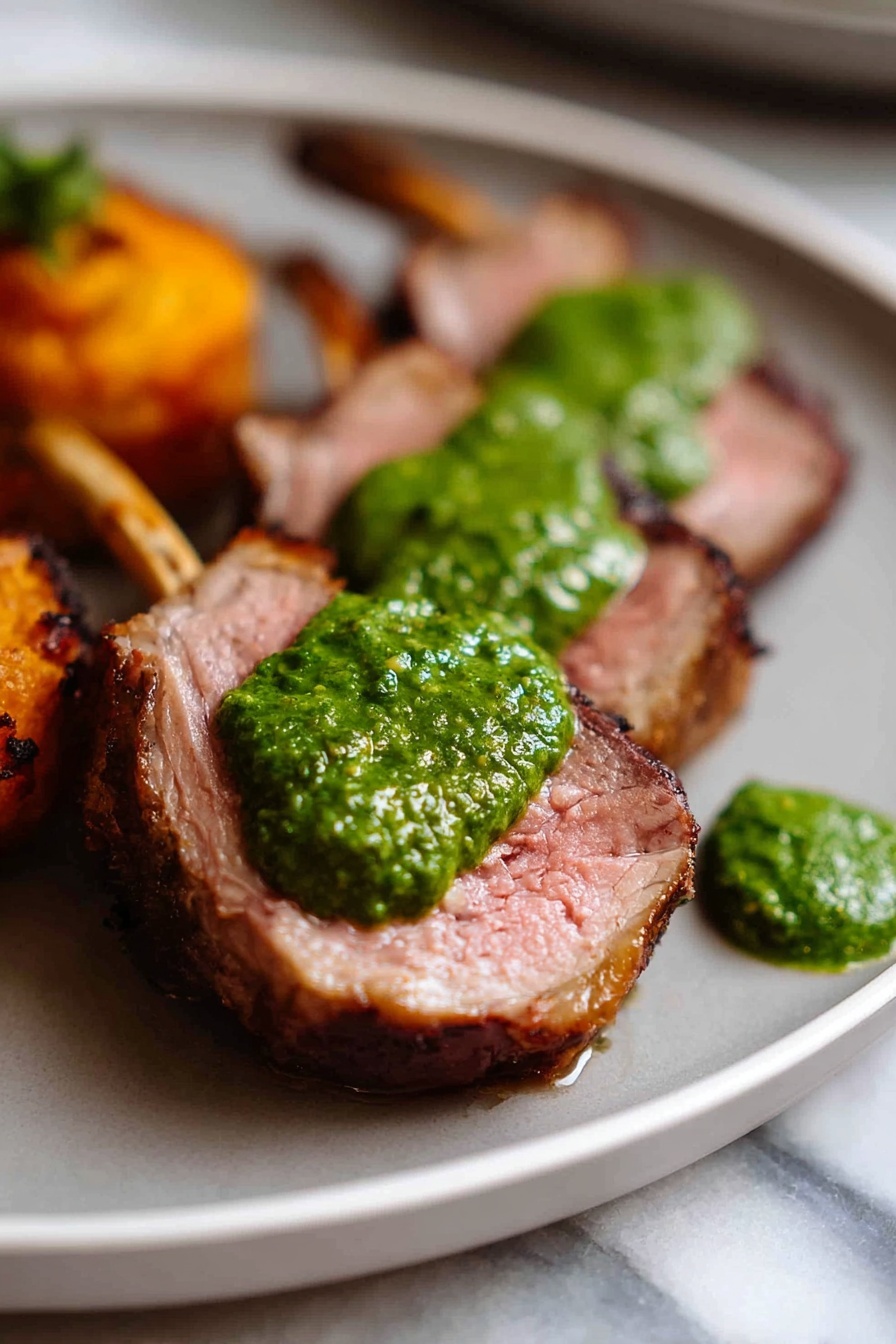 Three slices of cooked lamb with a slight pink center are arranged in a row on a white plate, each topped with a thick, bright green sauce spread across the top middle of the meat. Behind the lamb slices, there are two orange, round-shaped items with a slightly rough texture, partially blurred in the background. A small dollop of the green sauce is also placed on the plate near the lamb. The plate sits on a white marbled surface. Photo taken with an iphone --ar 2:3 --v 7