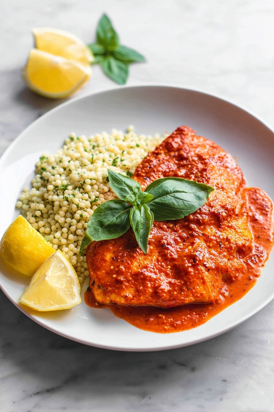 A white round plate holds a meal with two main parts. On the right side, there is a thick piece of fish covered in a rich, bright orange-red sauce that has a slightly shiny and textured surface with small dark specks. On the left side, there is a small heap of pale, creamy couscous grains with a few green herbs mixed in. On top of the fish, there is a fresh green basil leaf placed neatly at the center. Near the couscous, at the bottom left edge of the plate, a yellow lemon wedge is placed upright, and in the top right background on the white marbled surface, there is another lemon wedge with two basil leaves beside it. The photo taken with an iphone --ar 2:3 --v 7