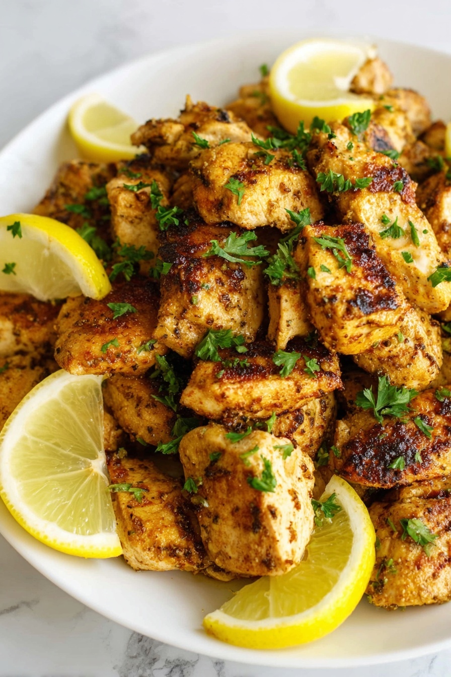 The image shows a white plate filled with about two layers of golden-brown cooked chicken pieces with a slightly charred texture. On top and under the chicken pieces are thin, bright yellow lemon wedges. Small bits of chopped fresh green parsley are sprinkled evenly over the chicken and lemon slices, adding a fresh contrast. The plate rests on a white marbled surface. photo taken with an iphone --ar 2:3 --v 7