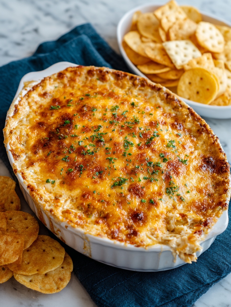 A close-up shot shows a woman's hand holding a scoop of cheesy, golden-brown baked dish with stretchy melted cheese dripping from it. The dish is in a white rectangular baking dish filled with a creamy, browned cheese layer on top. The background has a blurred stack of crackers on a white marbled surface. photo taken with an iphone --ar 2:3 --v 7