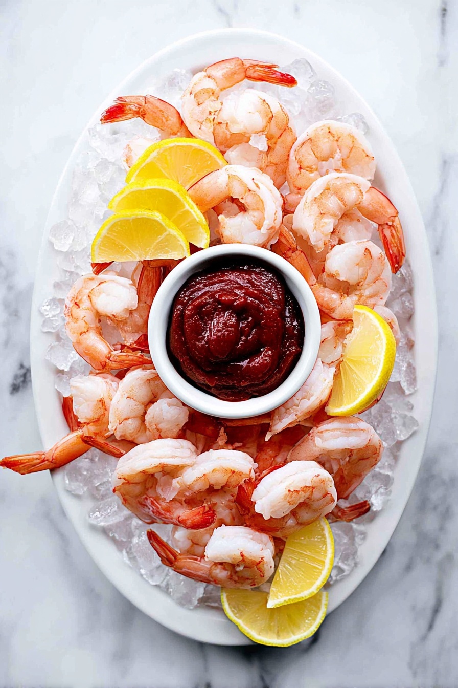 A white oval plate is filled with a bed of clear ice cubes, layered with bright pink cooked shrimp arranged around the plate’s edge. Inside the shrimp ring, there is a small white bowl filled with thick, dark red cocktail sauce placed near the center. Bright yellow lemon wedges are scattered on top of the ice between the shrimp, adding a fresh pop of color. The plate sits on a white marbled surface, adding a clean and elegant touch to the scene. Photo taken with an iphone --ar 2:3 --v 7
