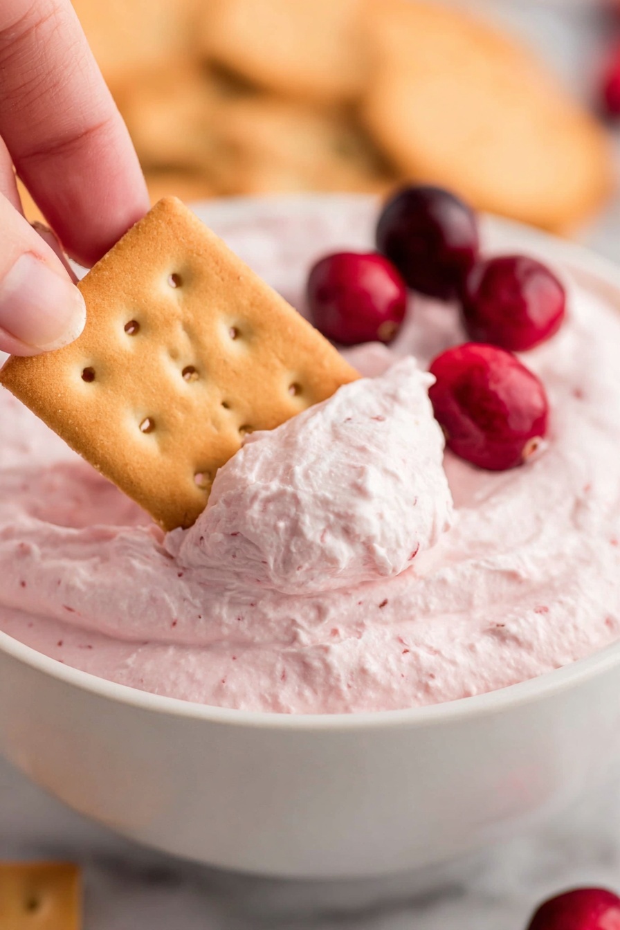 The image shows a white bowl filled with smooth, light pink creamy dip placed in the center of a white rectangular tray. Three bright red cranberries sit on top of the dip as decoration. On the bottom left of the tray, there are several rectangular graham crackers stacked and spread out, while the right side holds a pile of golden round cookies. In the background, a small white bowl filled with fresh red cranberries is visible, set on a white marbled surface with a hexagonal pattern. Loose cranberries and a few crumbs scatter around the tray for a casual touch. Photo taken with an iphone --ar 2:3 --v 7