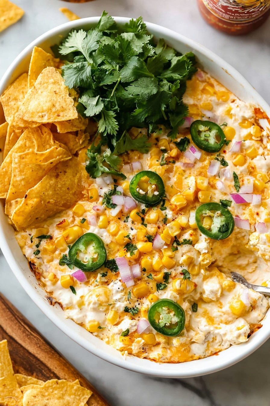 A white bowl filled with a creamy, melted cheese dip base that has a light golden-brown top, layered with bright yellow corn kernels scattered evenly on the surface. There are thin green jalapeño slices and small diced red onions spread throughout. On the left side, a cluster of yellow tortilla chips scoop up the dip which looks thick and creamy with bits of corn and herbs mixed in. A large bunch of fresh dark green cilantro leaves rests on top, adding a leafy texture and vibrant color contrast. The bowl sits on a white marbled surface with a small part of a hot sauce bottle and wooden board visible nearby. photo taken with an iphone --ar 2:3 --v 7