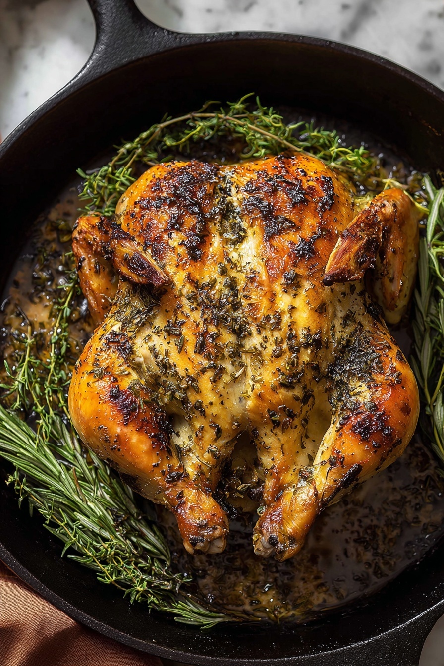 A glossy brown round plate with a beaded edge holds a meal arranged in layers, starting with a large, creamy, off-white mashed potato base that has small herbs mixed in, spreading across most of the plate. On top of this lies a golden-brown roasted chicken leg quarter, crispy and seasoned with visible herbs and black pepper, placed slightly to the right side. Around the chicken and mashed potatoes, several roasted carrots in bright orange and pale yellow shades are arranged. A sprig of fresh green rosemary rests next to the chicken. A wooden-handled knife and fork lie together on the left side of the plate, partly resting on the mashed potatoes. The scene is set on a white marbled textured surface with a clear glass of water, a cork, and a green cloth napkin partly visible around the edges. Photo taken with an iphone --ar 2:3 --v 7