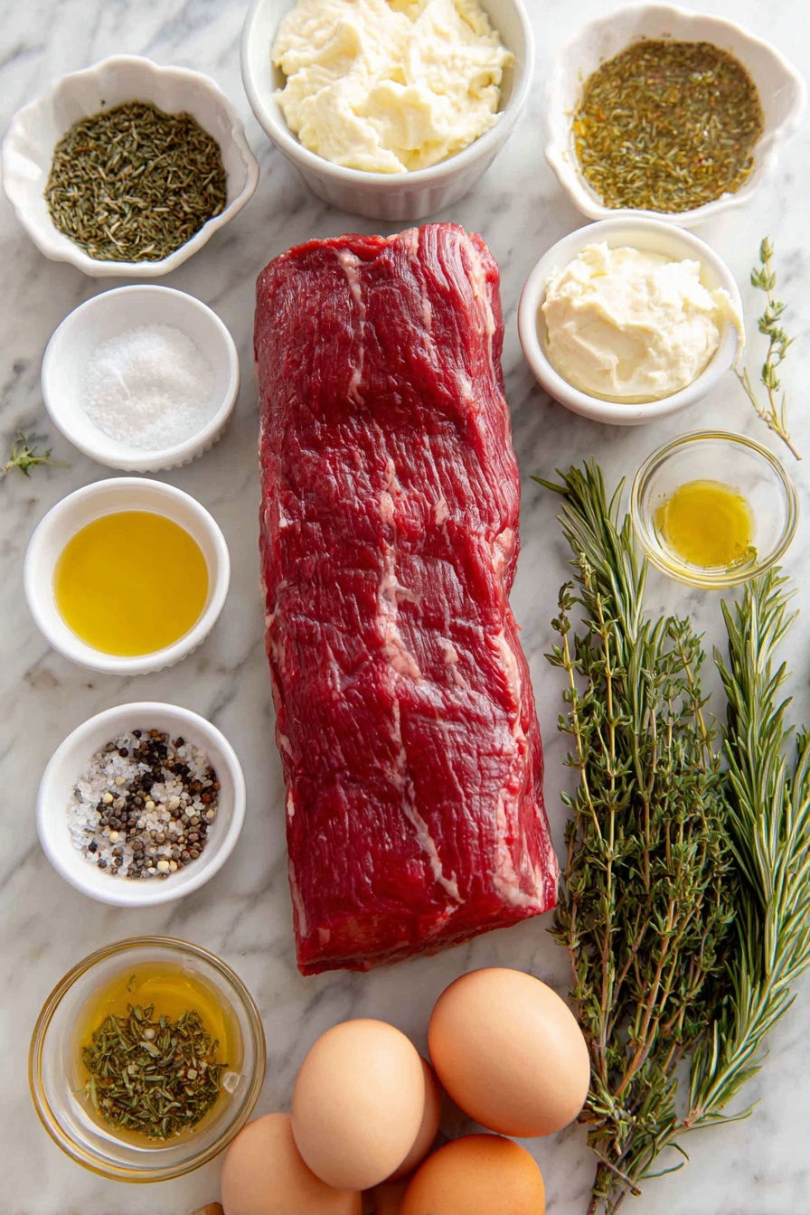 Flat lay of a whole raw beef tenderloin with a smooth deep red surface, two dried herb piles of oregano, thyme, and rosemary in small white ceramic bowls, a small white bowl of garlic powder, a small white bowl of coarse salt, a small white bowl of freshly ground black peppercorns, a small white bowl of golden olive oil, three fresh rosemary sprigs, four fresh thyme sprigs, a small white bowl of creamy sour cream, a small white bowl of pale mayonnaise, a small white bowl with freshly grated horseradish, and three whole uncracked brown eggs placed symmetrically, all arranged on a clean white marble surface, soft natural light, photo taken with an iPhone, professional food photography style, fresh ingredients, white ceramic bowls, no bottles, no duplicates, no utensils, no packaging --ar 2:3 --v 7 --p m7354615311229779997