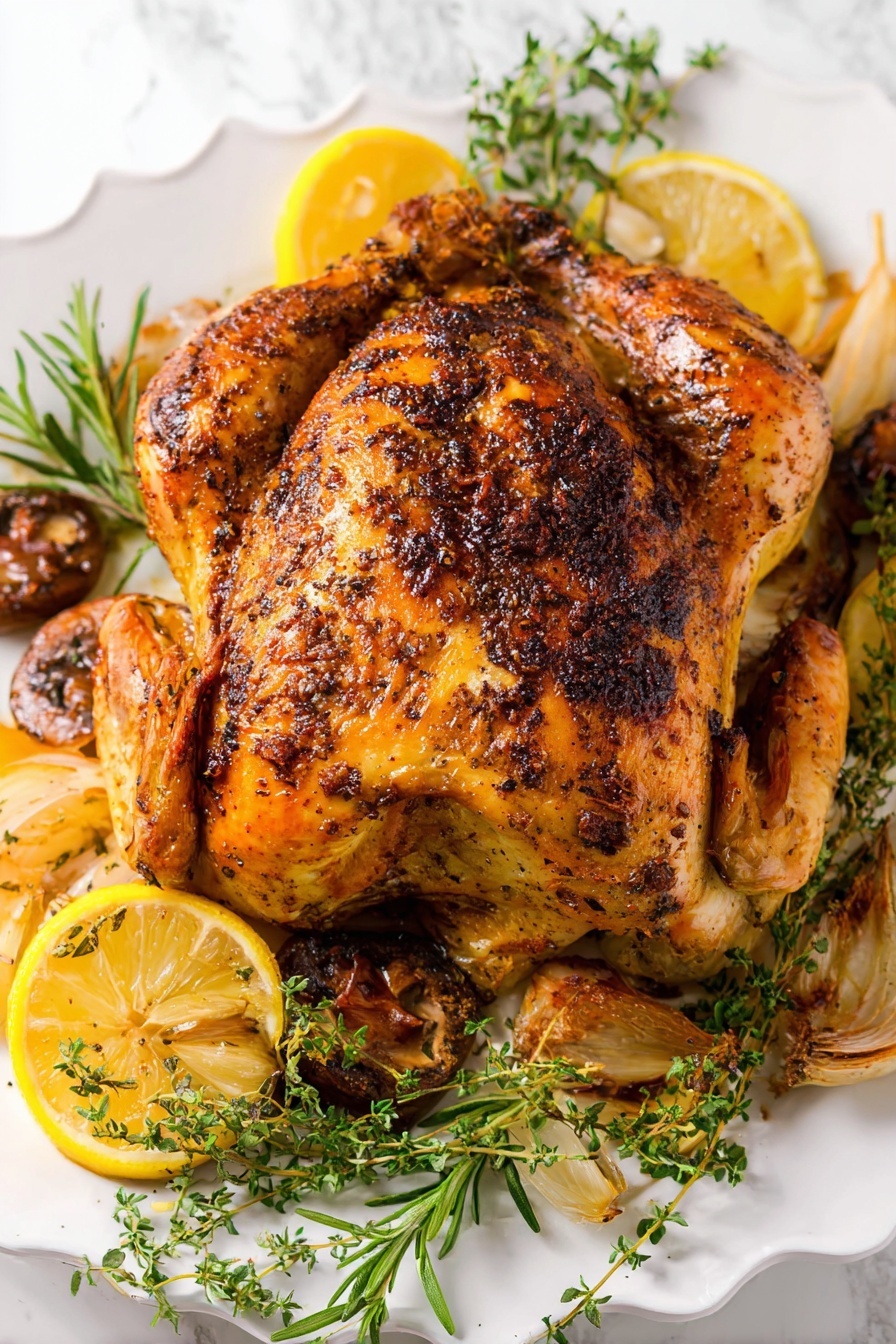 The image shows a whole roasted chicken with a golden brown and crispy skin, covered in dark roasted spices and herbs. It is placed in the center of a white plate with a scalloped edge. Around the chicken, there are slices of bright yellow lemon and sprigs of fresh green herbs like rosemary and thyme. There are also roasted garlic bulbs and browned mushrooms scattered near the chicken. The plate sits on a white marbled surface. Photo taken with an iphone --ar 2:3 --v 7