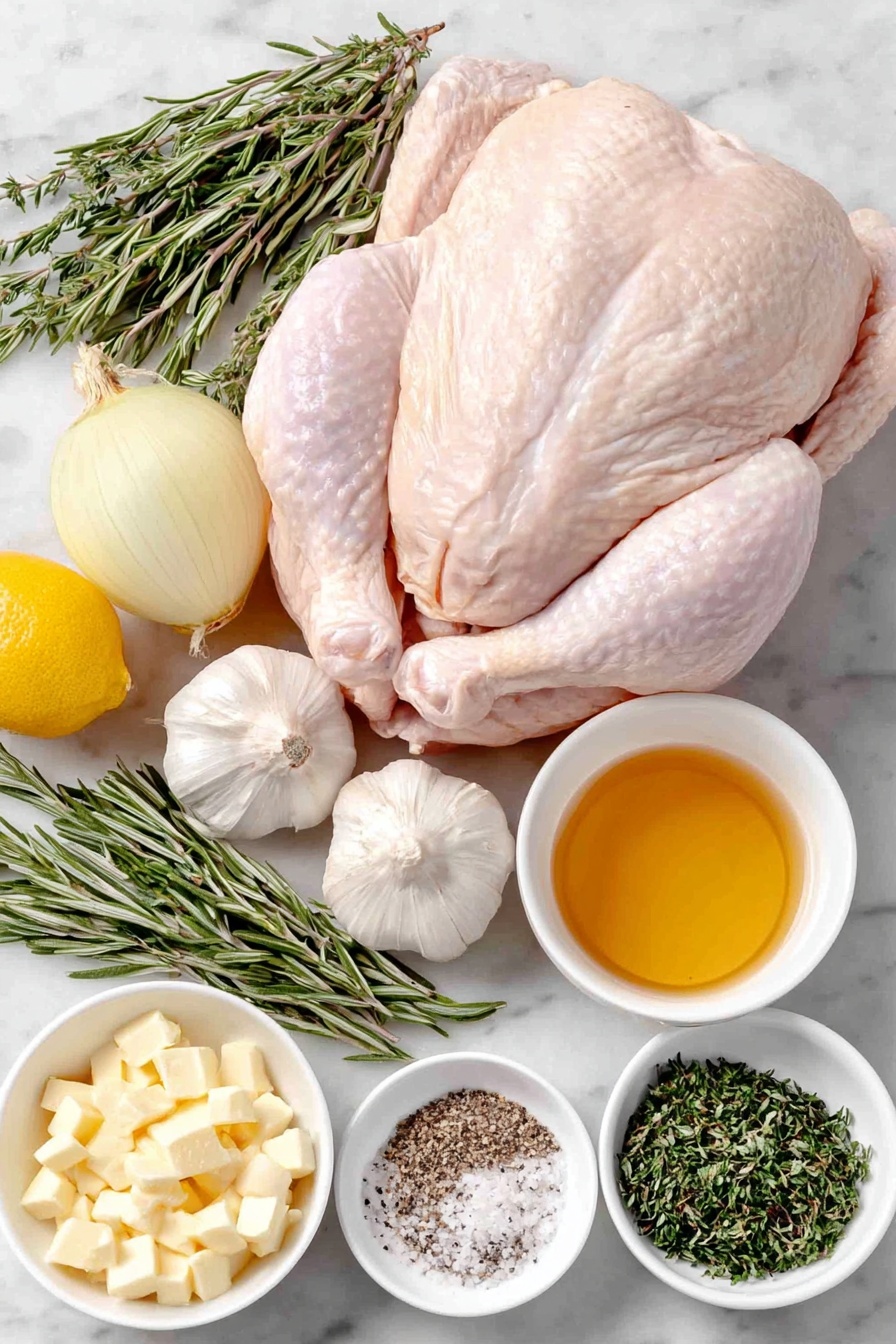 Flat lay of a whole fresh raw chicken with pale pink skin, two medium yellow onions quartered showing bright white and yellow layers, two whole large lemons quartered displaying vibrant yellow flesh, two heads of garlic cut in half crosswise revealing creamy white cloves, a few sprigs of fresh green rosemary, a few sprigs of fresh green thyme, a small white ceramic bowl filled with melted golden butter, a small white ceramic bowl containing minced garlic, a small white ceramic bowl with finely chopped fresh rosemary leaves, a small white ceramic bowl holding fresh thyme leaves, a small white ceramic bowl with bright yellow lemon zest, a small white ceramic bowl with coarse Kosher salt, and a small white ceramic bowl of ground black pepper, all arranged symmetrically in realistic proportions placed on a clean white marble surface, soft natural light, photo taken with an iPhone, professional food photography style, fresh ingredients, white ceramic bowls, no bottles, no duplicates, no utensils, no packaging --ar 2:3 --v 7 --p m7354615311229779997