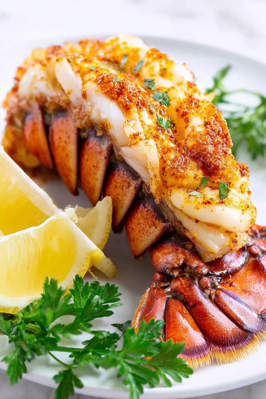 A close-up of a cooked lobster tail placed on a white plate over a white marbled surface, showing the tail shell with a reddish-brown color and visible segment details. On top of the tail, there is a layer of white lobster meat with an orange seasoning crust that looks slightly charred and sprinkled with small green parsley pieces. To the left on the plate, there are three lemon wedges that are light yellow with a juicy texture. In the front bottom corner of the image, some fresh green parsley sprigs add color contrast. Photo taken with an iphone --ar 2:3 --v 7
