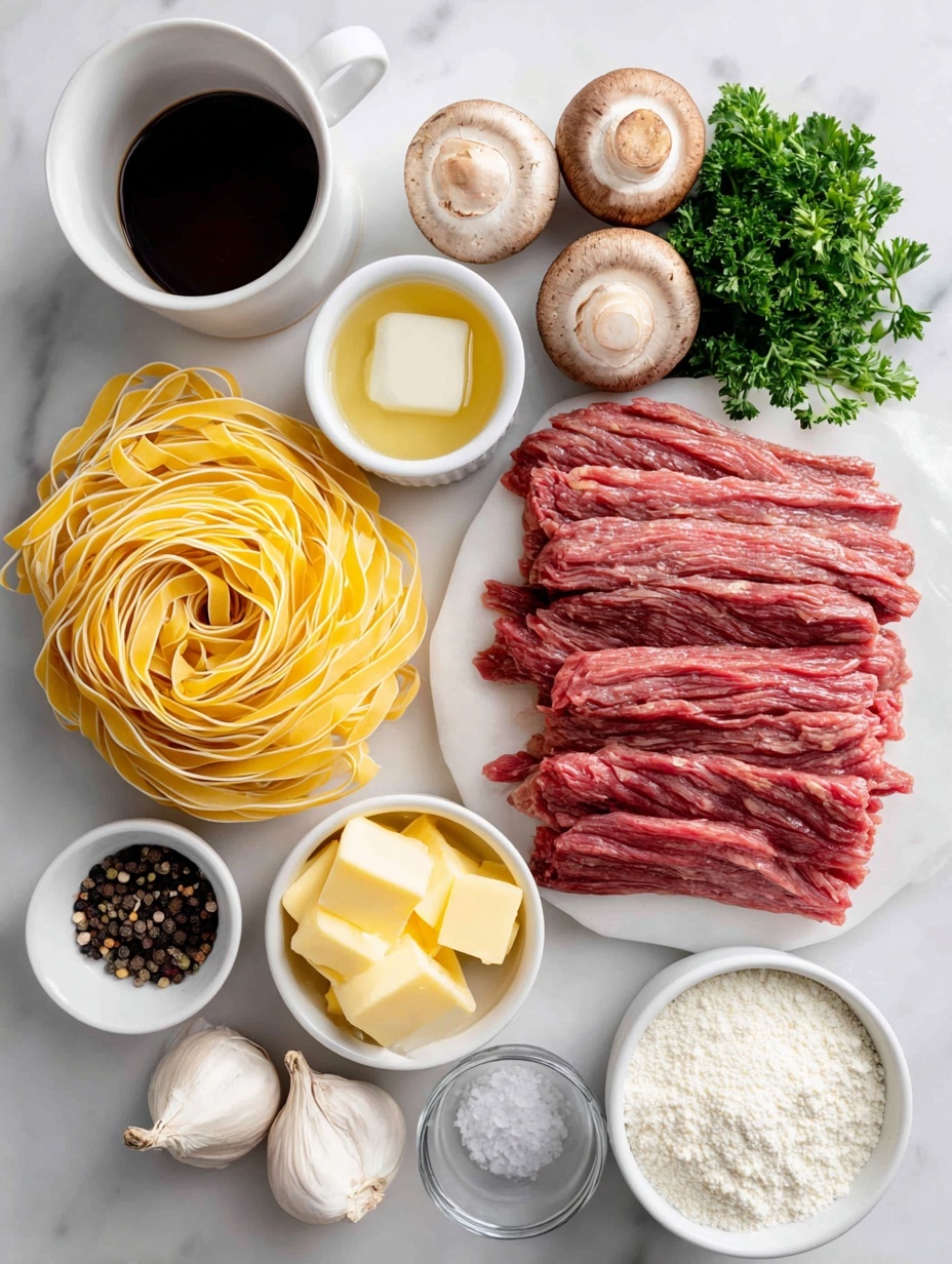 Flat lay of uncooked wide egg noodles in a neat bundle, a few small cubes of golden butter, thinly sliced raw flank steak arranged in overlapping layers, a small mound of fine sea salt crystals, a small pile of freshly cracked black peppercorns, a small white onion thinly sliced into rings, a mix of fresh whole button and baby bella mushrooms clustered together, four whole uncracked garlic cloves with papery skins intact, a small white ceramic bowl filled with dry white wine, a small white ceramic bowl holding rich beef stock, a small white ceramic bowl with Worcestershire sauce, a small white ceramic bowl of all-purpose flour, a small white ceramic bowl of creamy plain Greek yogurt, and a small bunch of chopped fresh parsley—all ingredients are fresh and natural, symmetrically arranged with perfect balance, placed on a clean white marble surface, soft natural light, photo taken with an iPhone, professional food photography style, fresh ingredients, white ceramic bowls, no bottles, no duplicates, no utensils, no packaging --ar 2:3 --v 7 --p m7354615311229779997