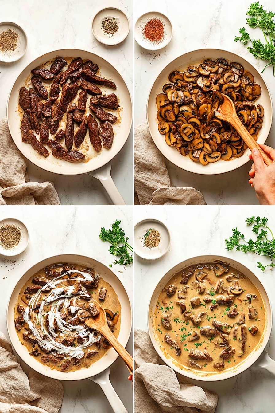 The image shows four steps of cooking a creamy beef and mushroom dish in a white pan on a white marbled surface. In the first step at the top left, dark brown cooked beef strips are spread out in the pan with a wooden spoon on the right side. In the second step at the top right, sliced brown mushrooms are evenly cooked and mixed in the pan, being stirred by a woman's hand holding a wooden spoon. In the third step at the bottom left, the cooked beef strips are added back on top of the mushrooms in the pan, with white cream swirled in and a wooden spoon resting on the right side. In the last step at the bottom right, the dish is fully mixed into a creamy, light brown sauce with pieces of beef and mushrooms, garnished with small green parsley bits on top, and a wooden spoon visible in the pan. A beige cloth is partly under the pan in three images, and some parsley and spices are on the upper right on the surface. photo taken with an iphone --ar 2:3 --v 7