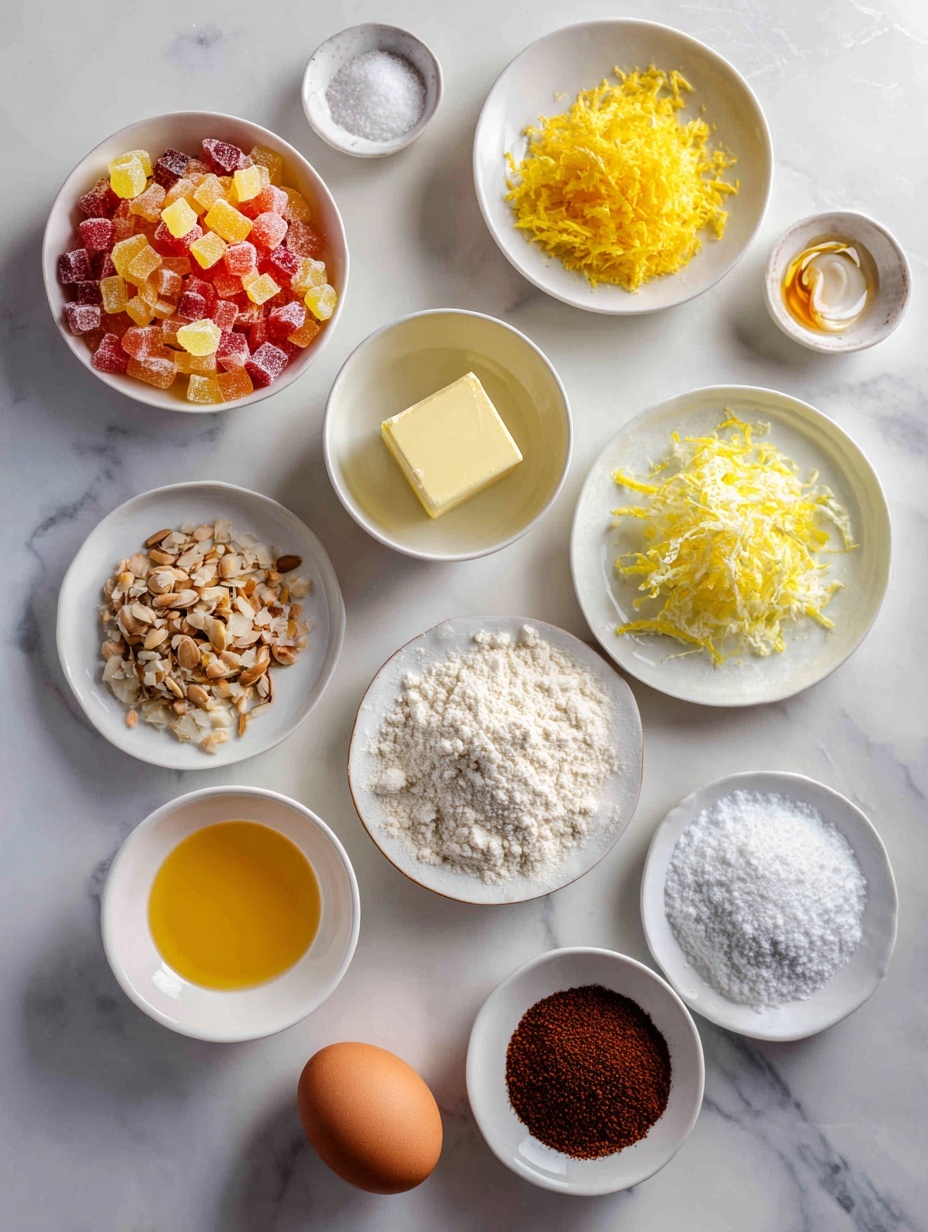 Flat lay of finely diced colorful candied fruit, a small pile of chopped almonds, a small white bowl with amber dry sherry, a small white bowl with fresh pale yellow lemon juice, a few bright yellow lemon zest strips, a pinch of salt crystals, a small mound of all-purpose flour, a small heap of warm brown mixed spice powder, two small piles of white granulated sugar and dark brown sugar side by side, a generous square of pale creamy butter at room temperature, one whole large brown egg with clean shell, all arranged symmetrically on simple white ceramic plates and bowls, placed on a clean white marble surface, soft natural light, photo taken with an iPhone, professional food photography style, fresh ingredients, white ceramic bowls, no bottles, no duplicates, no utensils, no packaging --ar 2:3 --v 7 --p m7354615311229779997
