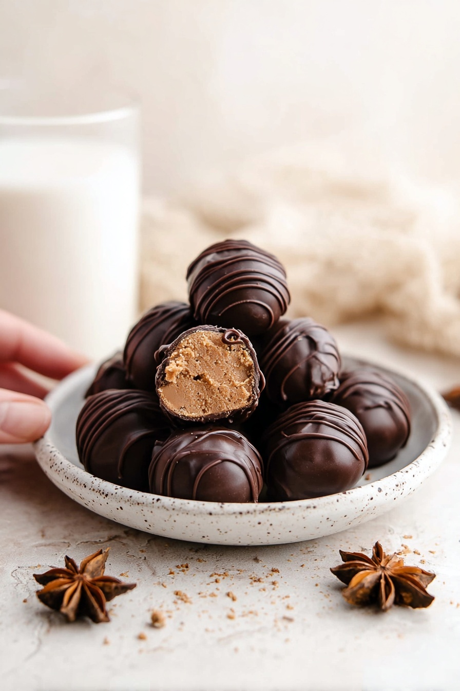 A small white speckled plate holds a pile of smooth dark chocolate truffles, each decorated with thin swirls of extra chocolate on top. One truffle is split open in the middle, showing a soft, light brown filling inside with a slightly grainy texture. The plate sits on a white marbled surface with a few star anise pieces scattered around, giving a warm and cozy feeling. The background is soft and light cream, and a woman's hand lightly holds a glass of milk blurred in the background. photo taken with an iphone --ar 2:3 --v 7