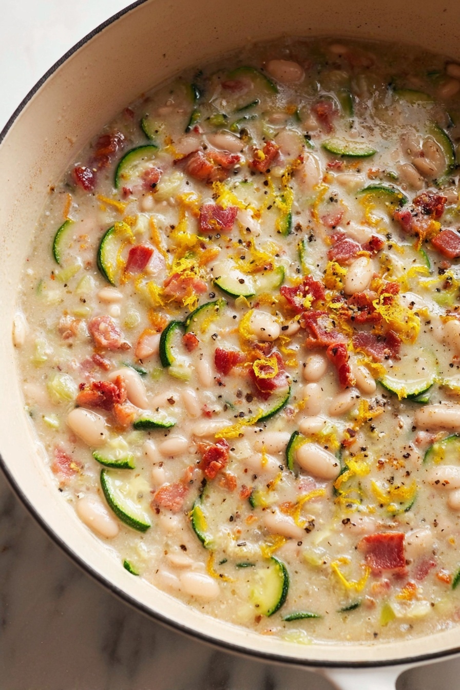 The image shows a close-up of a creamy stew in a white pot, filled with white beans mixed with small chunks of pinkish-red bacon, thin bright green zucchini slices, and sprinkled with orange-yellow lemon zest and tiny black pepper specks. The stew has a thick, slightly shiny white sauce as the base that fills the pot with ingredients spread evenly across the surface, creating a colorful, textured pattern of soft beans, fresh green zucchini, and bits of crispy bacon scattered on top. The pot sits on a white marbled surface. photo taken with an iphone --ar 2:3 --v 7