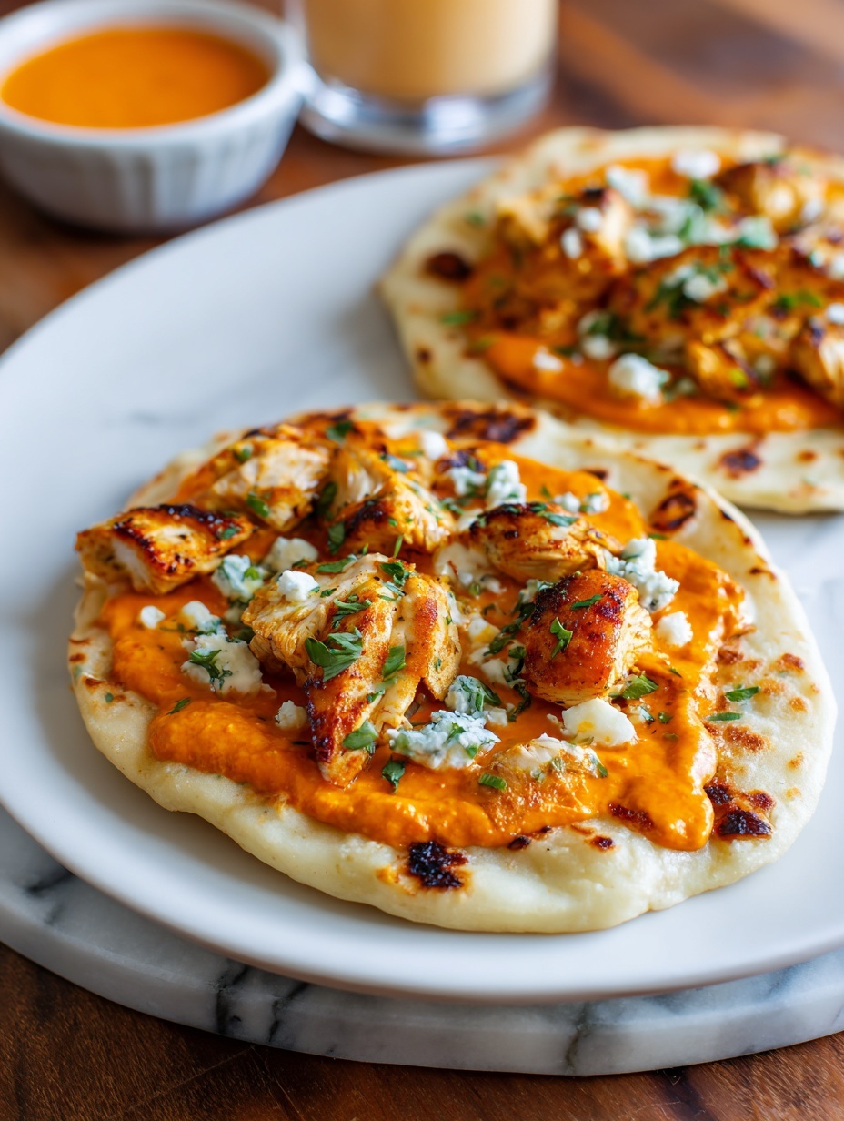 There are two small flatbreads on a white plate with green leaf patterns. Each flatbread has an orange sauce spread on top. Over the sauce, there are pieces of cooked light brown chicken, some white cheese crumbles, and small green herbs. On the right side of the plate, there is a wrapped flatbread with the same toppings inside, tied with a string. Below the plate is a wooden surface, and near the bottom left, a gold spoon holds more orange sauce from a small bowl. photo taken with an iphone --ar 2:3 --v 7