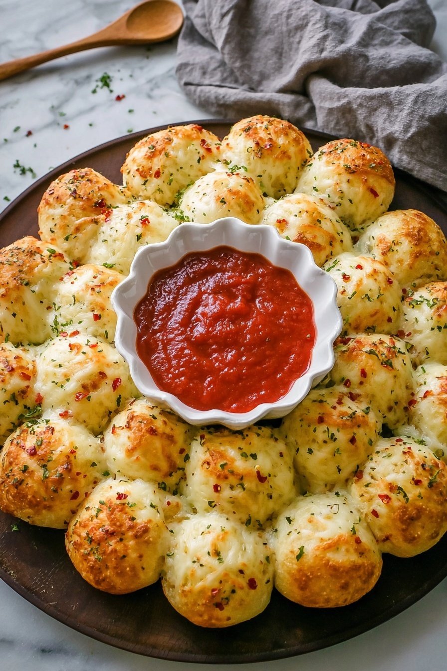 A round white plate holds 16 small golden-brown bread rolls arranged in a circle with melted white cheese covering the top of each roll, sprinkled with green herbs and red pepper flakes. In the center of the plate is a white bowl filled with thick red marinara sauce. A woman's hand is pulling one bread roll away from the circle, stretching strings of melted cheese between the roll and the rest of the bread. The plate sits on a white marbled surface. photo taken with an iphone --ar 2:3 --v 7