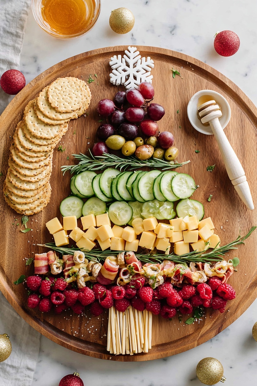 A round wooden board with a Christmas tree shape made from layers of different foods is shown. The bottom layer is round, light tan crackers arranged in a row. Above that is a line of light yellow cheese sticks and green rosemary sprigs. Next, there is a row of dark red grapes. Above the grapes are many thin slices of green cucumber, decorated with small light yellow pieces and fresh green rosemary. Then, there is a layer of light brown nuts, topped by bright red raspberries scattered with more small light yellow pieces and dark green olives. Above the raspberries is a row of yellow cheese cubes. On top of the cheese cubes, there are small rolled pieces of maroon-colored meat with some green herb sprigs. The tree's top has cream snowflake-shaped items and round crackers. The board is decorated with small shiny red and gold balls and a small white dish of honey with a wooden dipper on the right side. The whole scene sits on a white marbled surface with a small white dish knife nearby. photo taken with an iphone --ar 2:3 --v 7