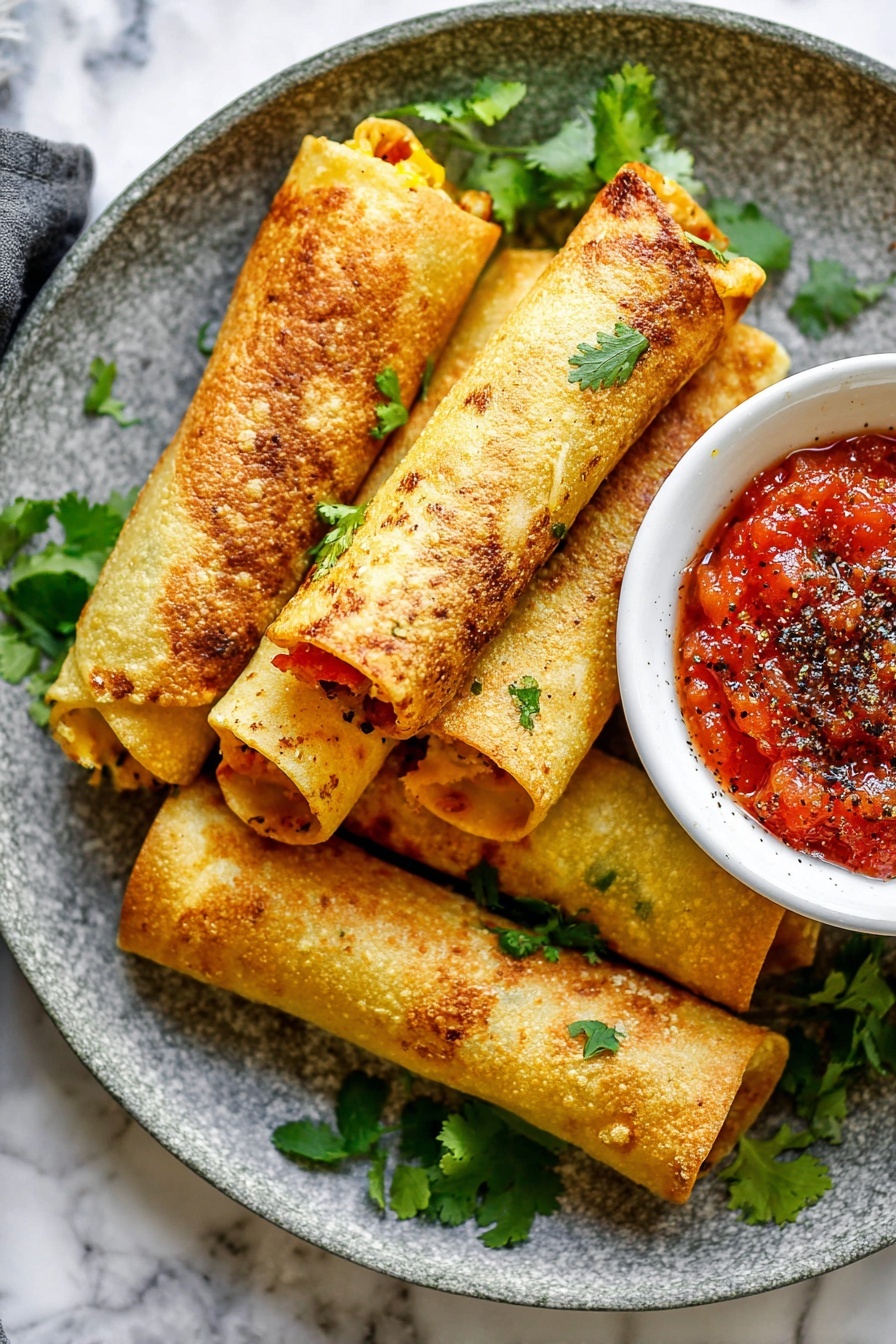 A round white plate with a gray stone texture holds five golden brown rolled tacos arranged in a loose pile with some cilantro leaves scattered around and underneath them, adding fresh green color and texture contrast. To the right side of the plate is a small white bowl filled with chunky red salsa topped with black pepper and a few cilantro leaves. The tacos have a crispy, slightly bubbled surface with specks of black pepper, and the ends of the filling lightly poke out, showing a hint of orange. The plate sits on a white marbled surface. photo taken with an iphone --ar 2:3 --v 7
