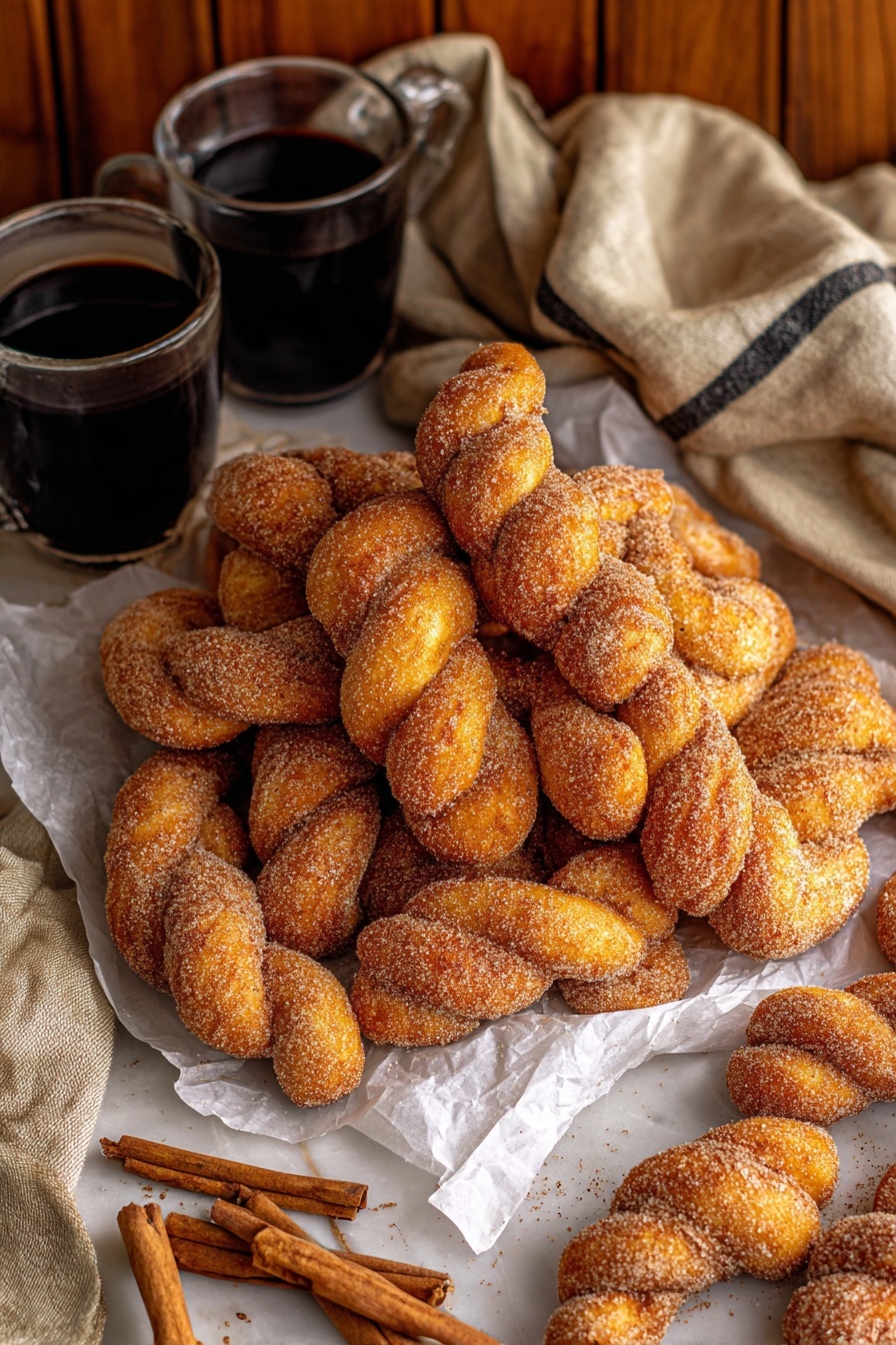A pile of golden-brown twisted doughnuts covered in sugar and cinnamon is arranged on white parchment paper, sitting on a wooden surface. The doughnuts have a rough, grainy texture from the sugar coating. Cinnamon sticks are scattered around the base of the pile, adding warm brown tones. Behind the doughnuts, two clear glass mugs are filled with dark black coffee, with soft reflections visible on the glass. A beige cloth with a blue stripe is loosely placed in the background against a rustic wooden wall. photo taken with an iphone --ar 2:3 --v 7