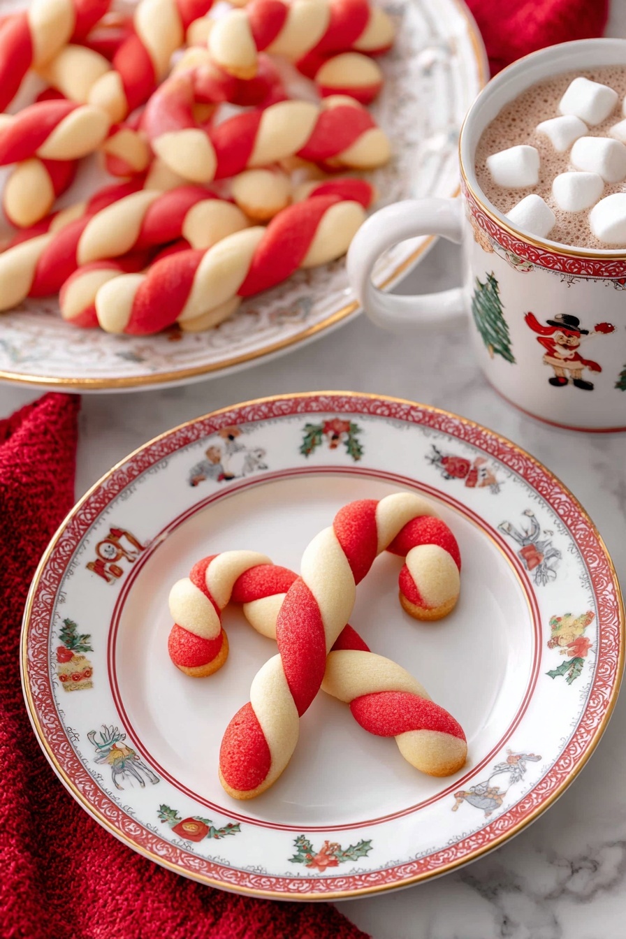 The image shows a candy cane shaped cookie on a white plate with a red and gold holiday border and small festive icons like holly, toys, and stars around the edge; the cookie has two twisted layers, one red and one cream colored, with a smooth texture. Behind the plate, there is a white holiday-themed cup filled with hot chocolate topped with small white marshmallows. In the background, a larger white plate with a red holiday design holds many more twisted red and cream candy cane cookies. The whole scene is set on a white marbled surface with red cloth accents. photo taken with an iphone --ar 2:3 --v 7