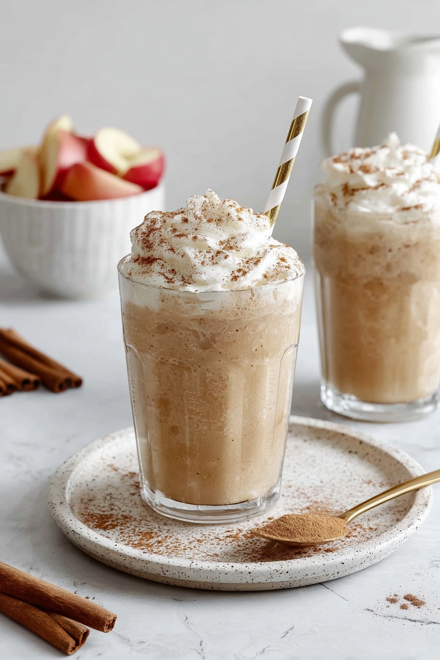 Two glasses filled with a light brown, creamy drink topped with a thick layer of white whipped cream sprinkled with brown cinnamon powder. One glass has a white and gold striped paper straw on the right side. Both glasses are placed on a round white speckled plate with a gold spoon resting on it, holding a small amount of cinnamon powder. In the background, there is a white bowl with red apple slices and a white ceramic jug. Cinnamon sticks lay scattered on the white marbled surface around the plate. Photo taken with an iphone --ar 2:3 --v 7