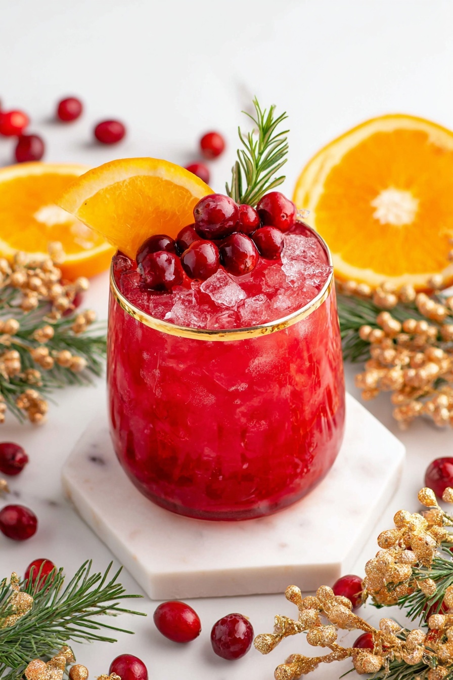 A clear glass with a gold rim is filled with crushed red ice that makes the drink look cold and textured. The drink is a bright red color that fills the glass completely. On top, there is a layer of shiny red cranberries, a thin orange slice leaning on one side, and a small green rosemary sprig standing upright next to the berries. The glass sits on a white marble hexagonal coaster. Around the glass are scattered red cranberries on branches, golden glittery berries, green rosemary sprigs, and bright orange slices on a white marbled surface, creating a fresh and festive look. Photo taken with an iphone --ar 2:3 --v 7