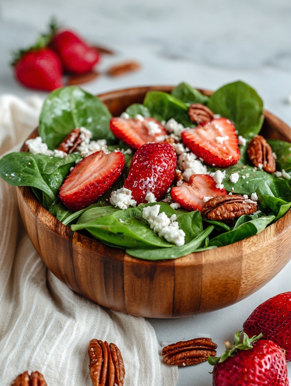 A wooden bowl holds a fresh spinach salad with three main layers: a base of dark green spinach leaves that look fresh and crisp, a middle layer of bright red sliced strawberries placed evenly on top, and a top layer of small white crumbles of cheese scattered all over along with roasted pecans adding a rich brown color and crunchy texture. Around the bowl, there are some whole strawberries, pecans, and blocks of white cheese placed casually on a white marbled surface with a light cloth underneath. The photo is bright and colorful with natural light highlighting the freshness of the ingredients. photo taken with an iphone --ar 2:3 --v 7