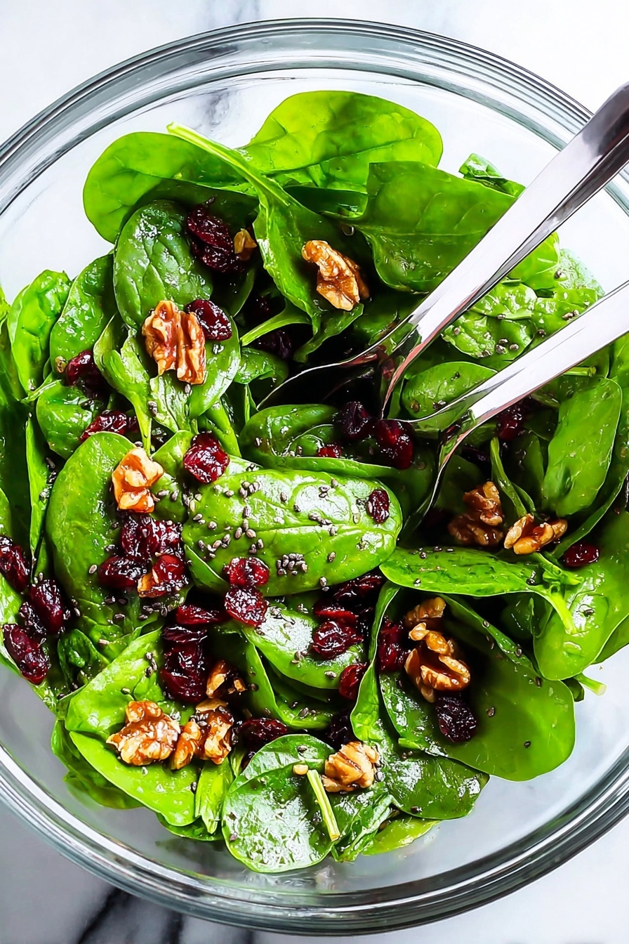 A clear glass bowl holds a fresh spinach salad with bright, large green spinach leaves filling the bowl. Scattered among the leaves are dark red dried cranberries and small chunks of light brown pecans. Tiny black chia seeds are sprinkled evenly over the salad, adding texture. A pair of black and silver tongs rests inside the bowl, ready to serve, on a white marbled surface. photo taken with an iphone --ar 2:3 --v 7