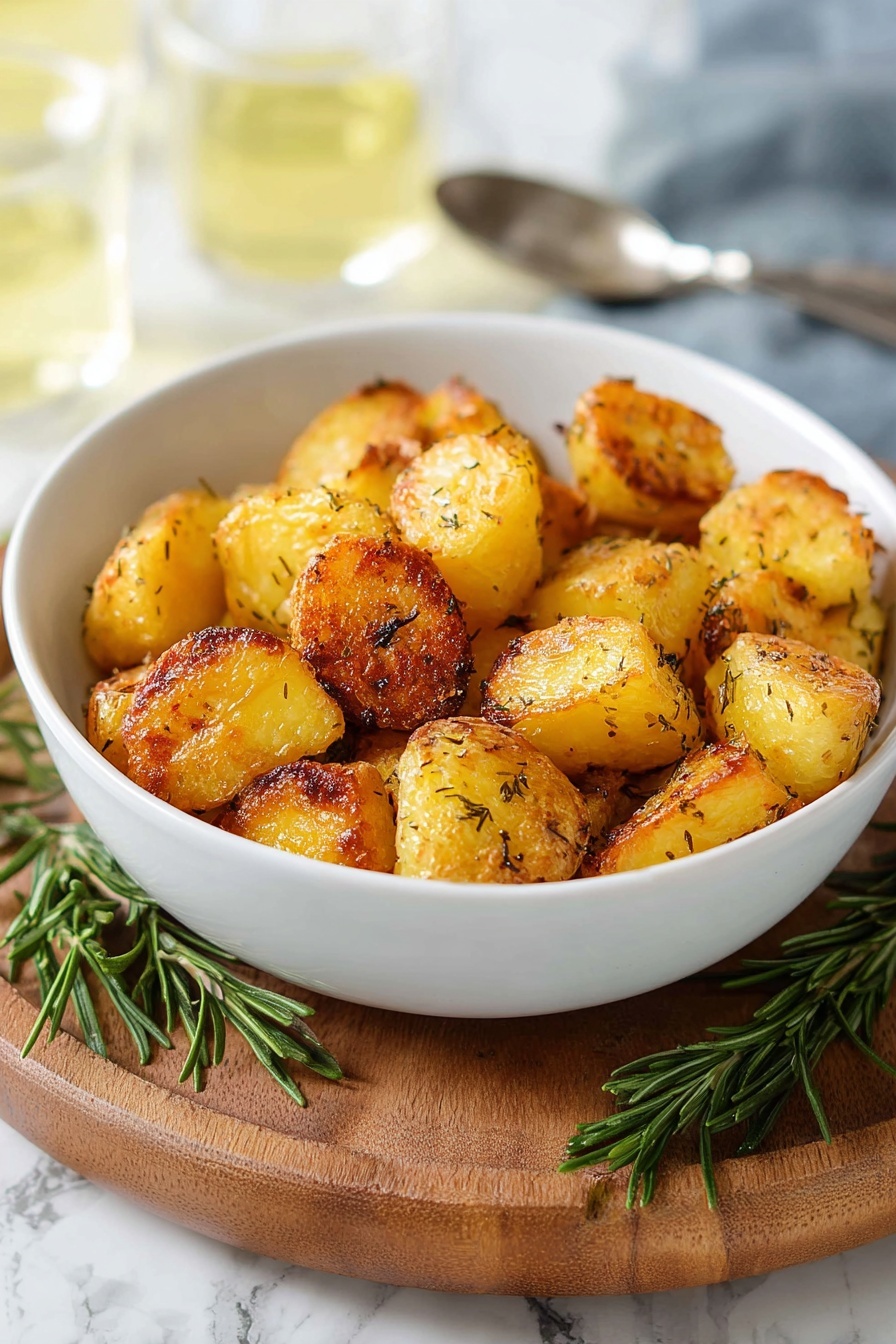 The image shows a white bowl filled with golden roasted potato pieces. Each potato piece has a crispy, brown crust with small green herb bits sprinkled all over. The bowl rests on a round wooden board, with green rosemary sprigs around it. The background is a white marbled texture with a metal spoon and two glasses filled with a light drink slightly blurred behind. photo taken with an iphone --ar 2:3 --v 7