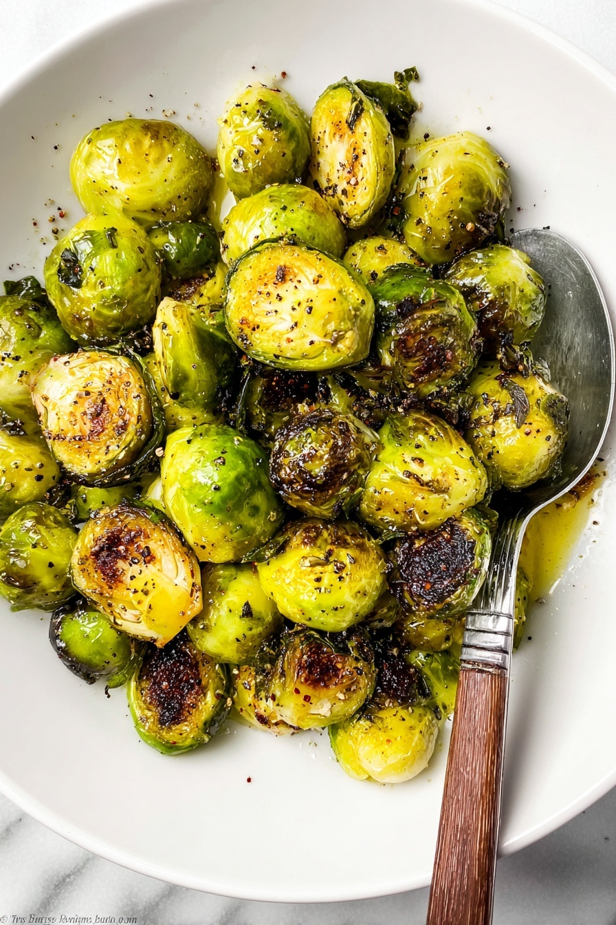 A white round plate filled with bright green roasted Brussels sprouts that are slightly charred with dark brown spots, showing a crispy texture. The Brussels sprouts are whole and halved, revealing light green and yellow inner layers with some glossy, oily sheen, sprinkled with black pepper and small spices. A silver spoon with a wooden handle is partially buried under the Brussels sprouts on the left side of the plate, resting on a white marbled surface. photo taken with an iphone --ar 2:3 --v 7