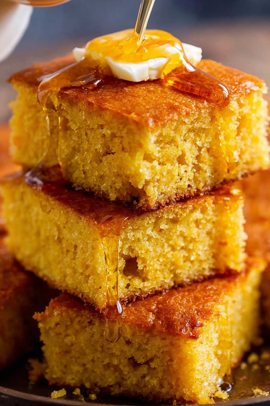 A close-up image shows several pieces of golden-yellow cornbread stacked on top of each other. The top piece has a small square of melting butter in the center, with amber-colored syrup dripping down its sides, creating a shiny, smooth texture. The cornbread has a slightly crumbly surface with a light brown crust on top and a soft, tender inside. The background is a white marbled texture. photo taken with an iphone --ar 2:3 --v 7