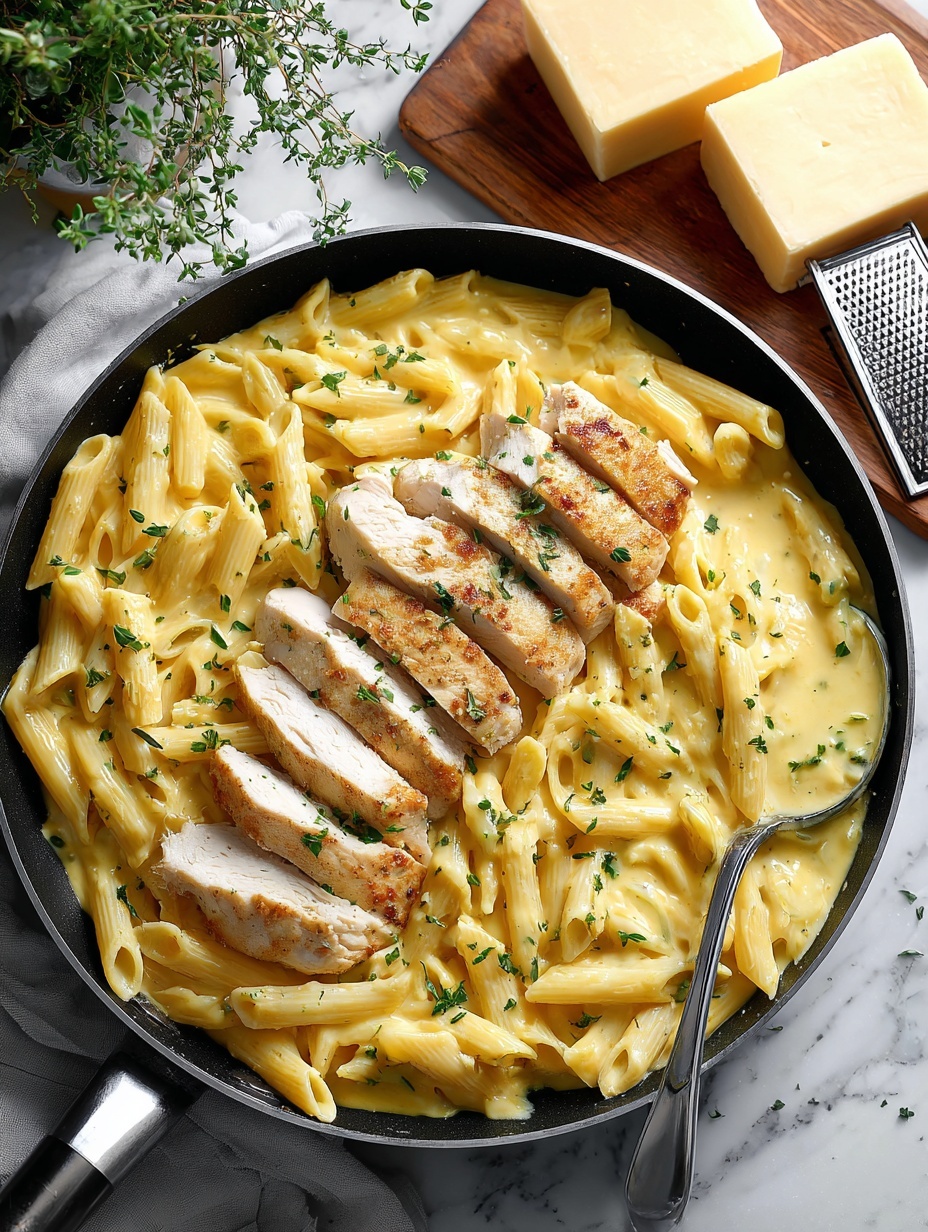 The image shows a black skillet filled with a creamy pasta dish. The base layer is penne pasta coated in a light greenish-yellow sauce with a smooth, thick texture. On top, there are two curved rows of sliced, cooked chicken arranged neatly; the chicken is pale with golden brown edges and is sprinkled with small green herb pieces. The skillet is placed on a white marbled surface, with a wooden board holding a small metal grater and cheese chunks in the top right corner. Green basil leaves hang in the top left corner, and a blue and white cloth is visible at the bottom left corner, with a silver spoon resting inside the skillet. Photo taken with an iphone --ar 2:3 --v 7