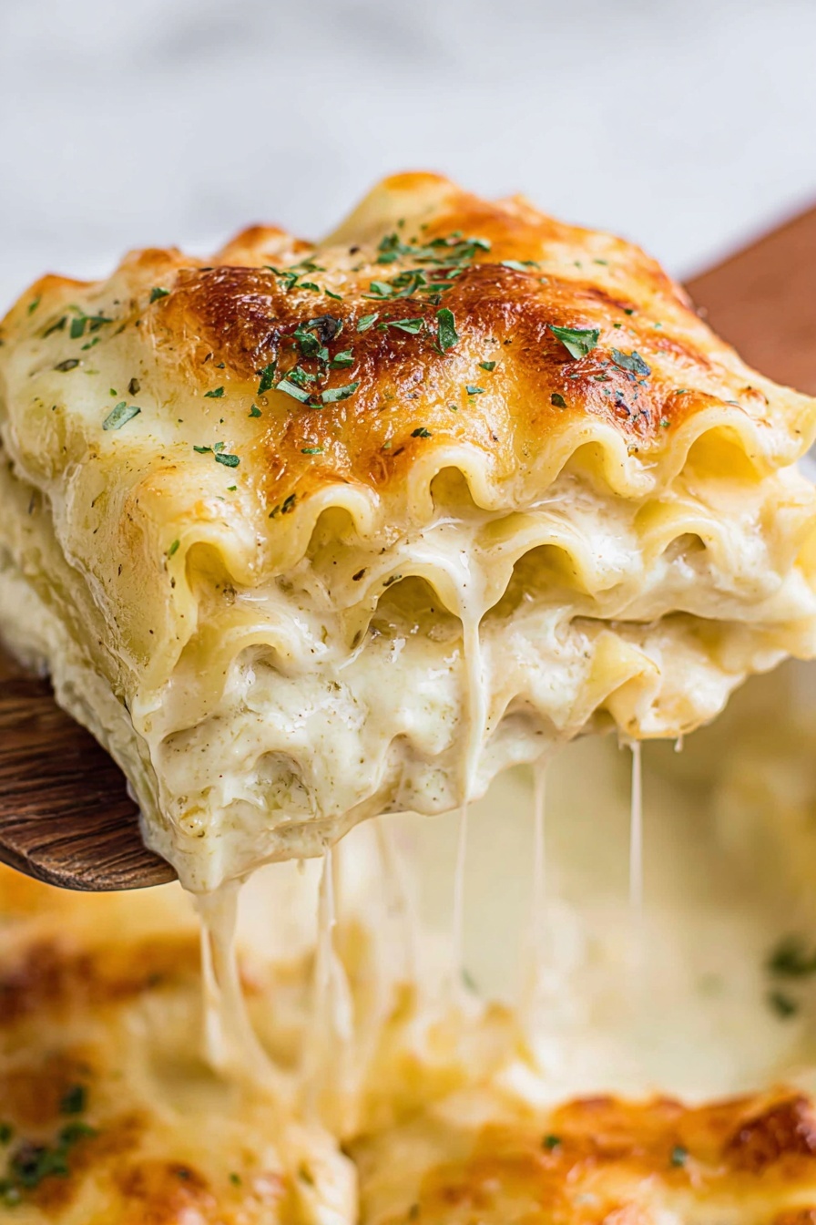 A close-up of a rolled lasagna slice held by a wooden spoon, showing three visible layers of wavy pale yellow pasta with a creamy white cheese sauce filling that looks smooth and thick. The top layer is slightly browned and bubbly, sprinkled with small green herb pieces. Thin strings of melted cheese pull away from the lasagna, giving a stretchy texture impression. The background shows more lasagna with a creamy color, all set on a white marbled surface. photo taken with an iphone --ar 2:3 --v 7