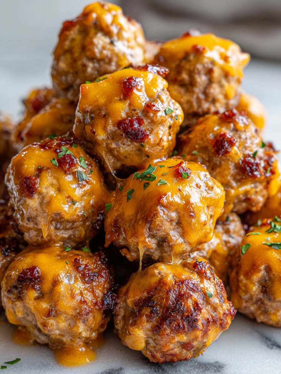 The image shows a close-up of several round meatballs arranged closely together. Each meatball is golden brown and speckled with melted orange cheese that drips slightly along the edges. Small bits of crispy reddish bacon are visible, peeking out from the sides of some meatballs. Green parsley flakes are sprinkled on top, adding a touch of color contrast. The meatballs have a slightly rough texture with a shiny, melted cheese layer covering parts of the surface. The background is a white marbled texture, making the meatballs stand out clearly. Photo taken with an iphone --ar 2:3 --v 7