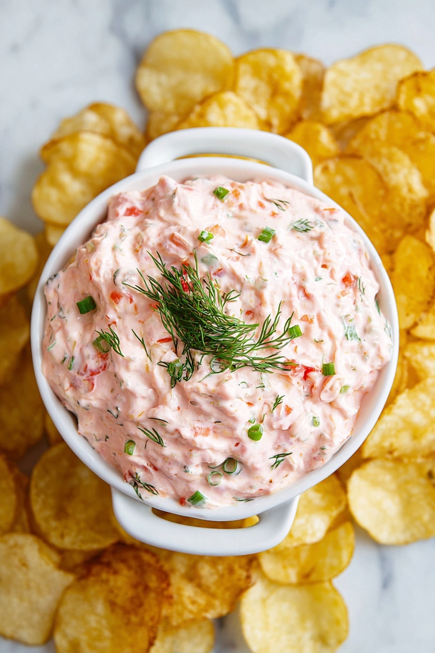 A white bowl with two handles holds a thick, creamy pink dip, scattered with small green chive pieces and fresh dill sprigs on top. Inside the mixture, small bits of red pepper are visible, adding color contrast and texture. The bowl sits on a white marbled surface, surrounded by golden potato chips spread out unevenly. The dip looks fluffy and slightly chunky, filling the bowl to the rim. Photo taken with an iphone --ar 2:3 --v 7
