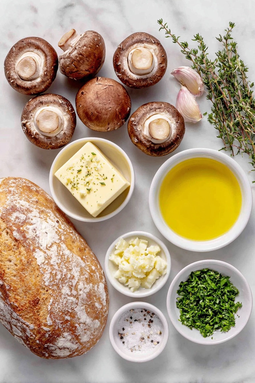 Flat lay of a handful of whole chestnut mushrooms, thickly sliced, a small pat of salted butter on a white ceramic dish, three whole garlic cloves (one left whole, two finely minced on a small white bowl), four or five fresh sprigs of thyme, a small white bowl with golden olive oil, a small pile of finely chopped flatleaf parsley on a white ceramic plate, a tiny pinch of coarse sea salt in a white bowl, freshly ground black pepper in another small white bowl, and four slices of rustic sourdough bread arranged perfectly, all placed on a clean white marble surface, soft natural light, photo taken with an iPhone, professional food photography style, fresh ingredients, white ceramic bowls, no bottles, no duplicates, no utensils, no packaging --ar 2:3 --v 7 --p m7354615311229779997